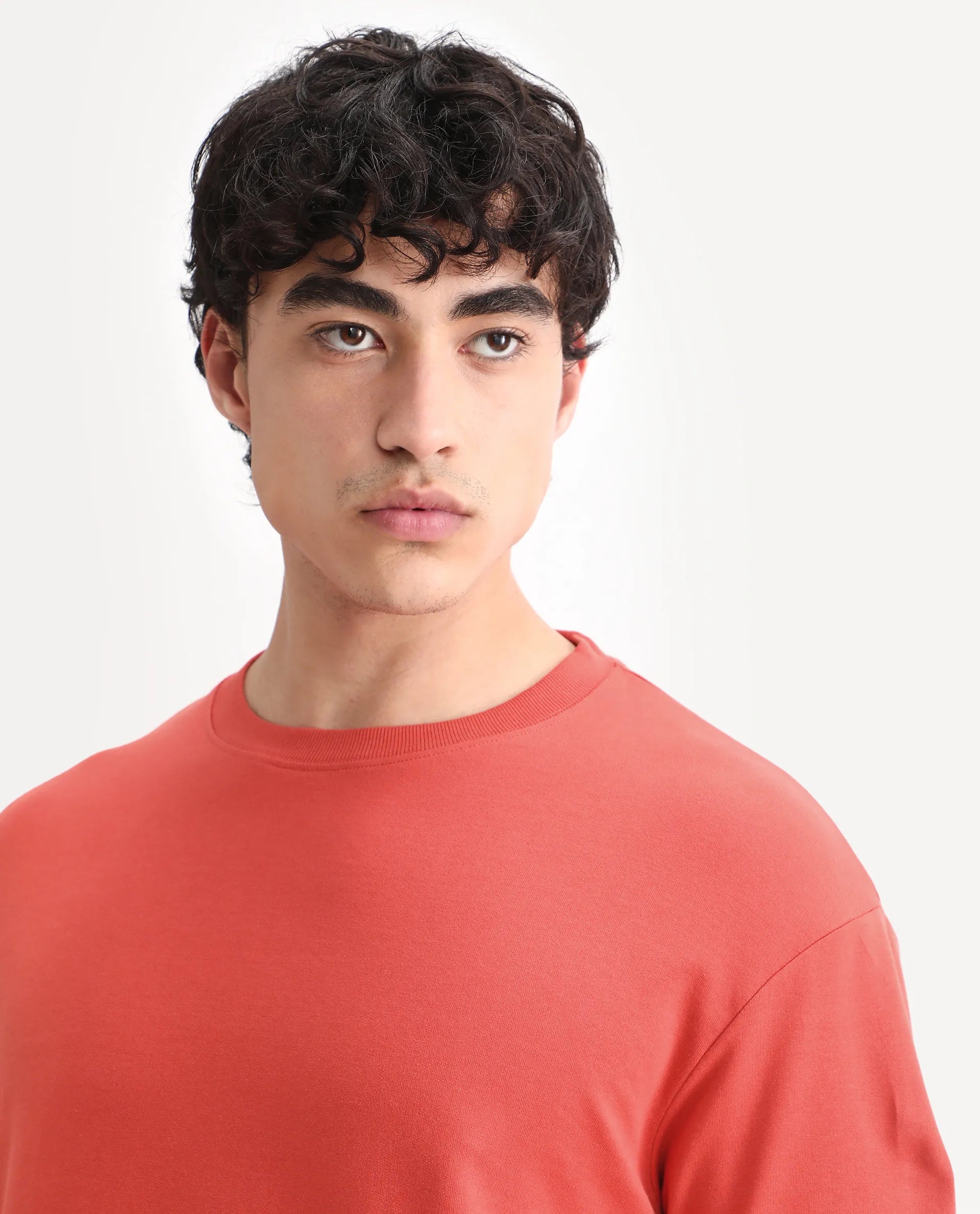 Rare Rabbit Men's Trez Dusky Red Cotton Embroidered Oversized Fit Half Sleeve Crew Neck T-Shirt