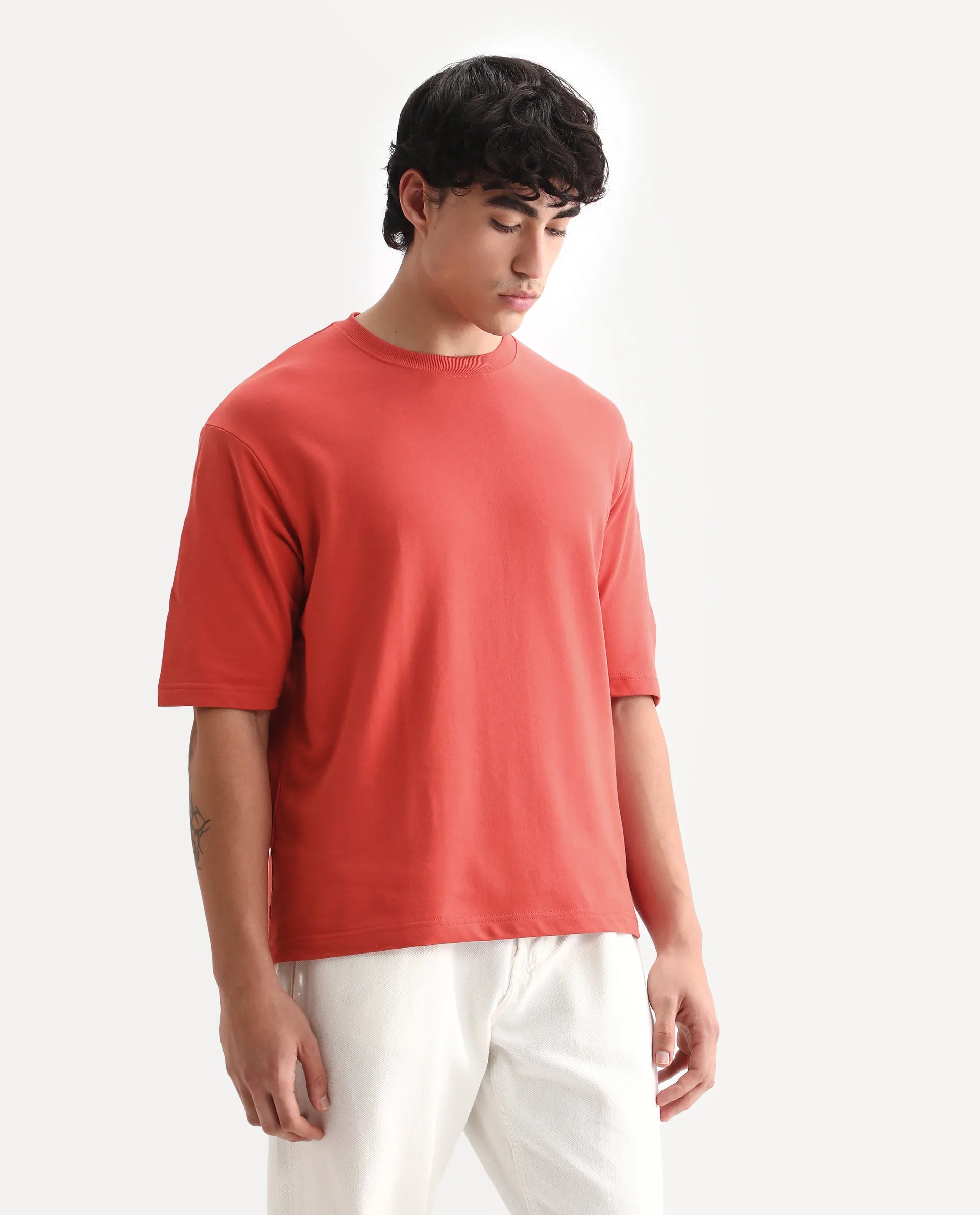 Rare Rabbit Men's Trez Dusky Red Cotton Embroidered Oversized Fit Half