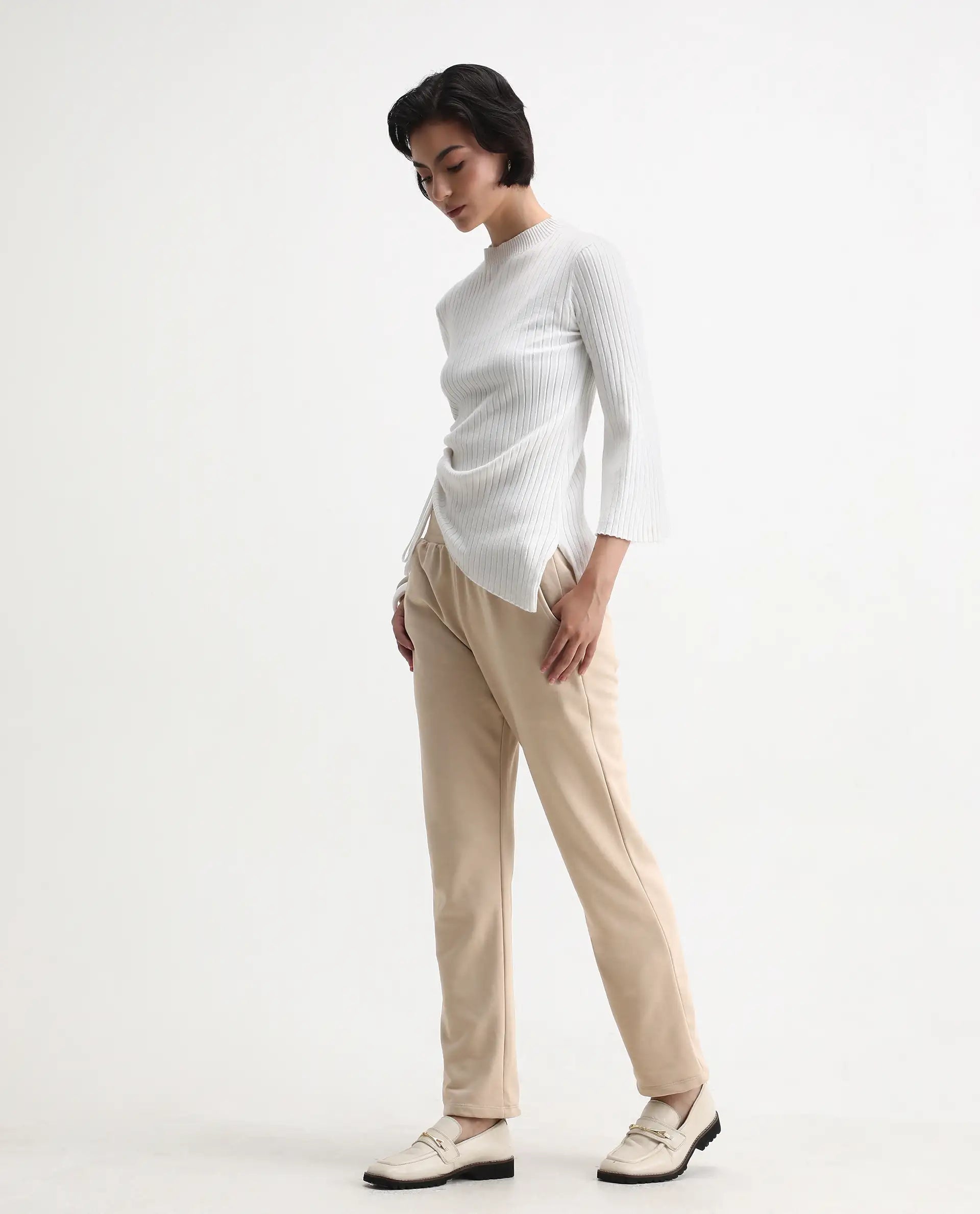 Rareism Women's Tribon Beige Cotton Blend Straight Fit Track Pant