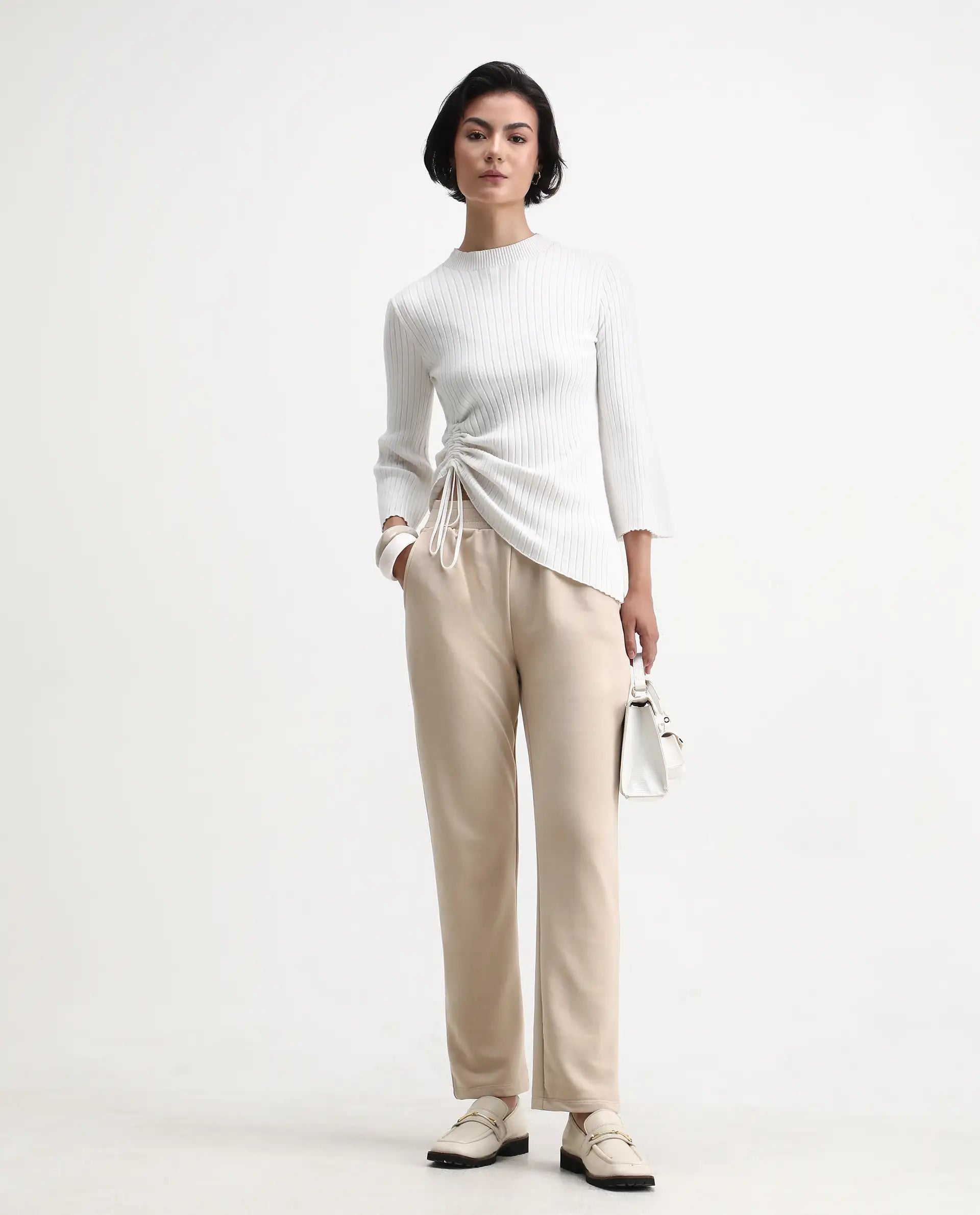 Rareism Women's Tribon Beige Cotton Blend Straight Fit Track Pant