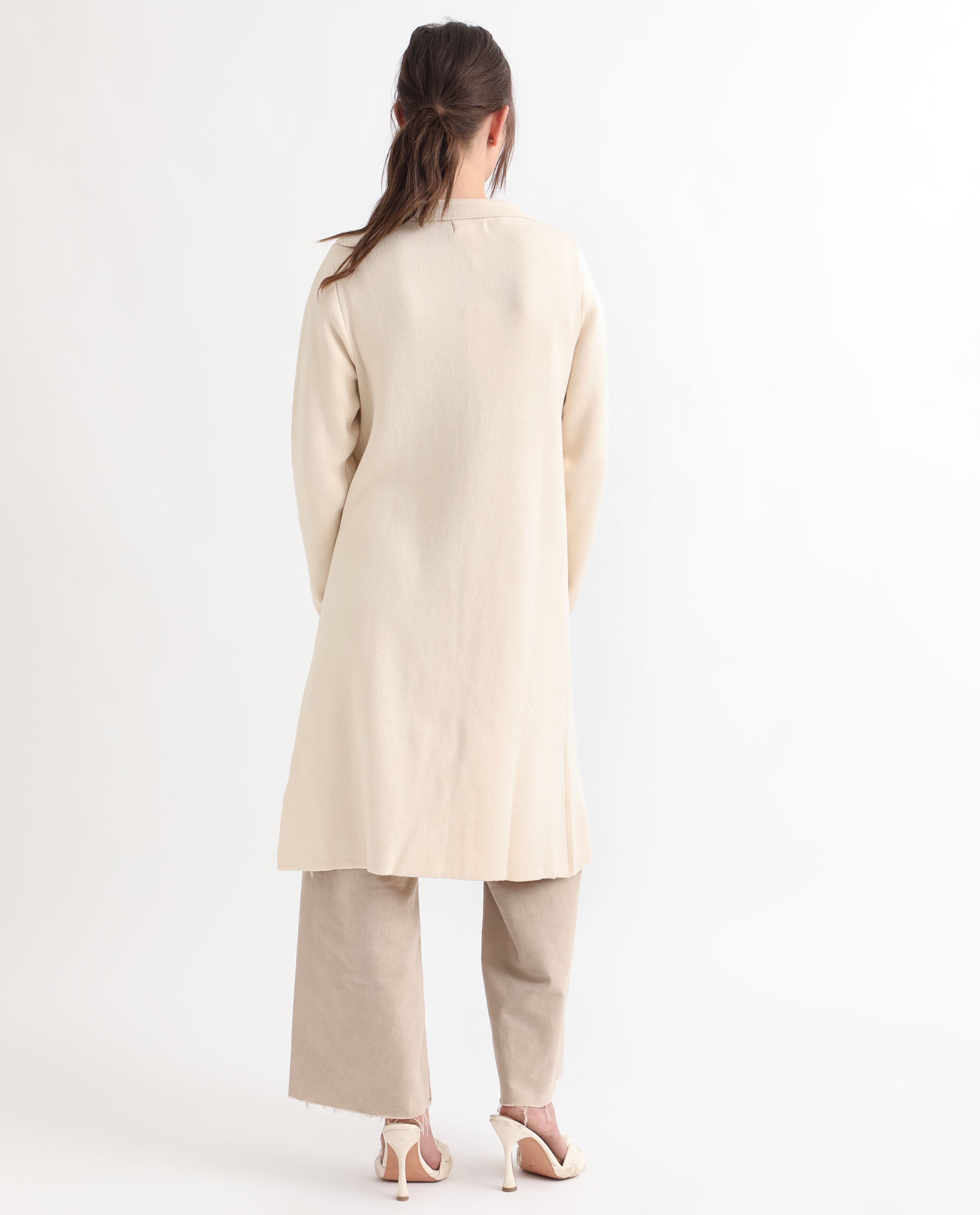 Rareism Women Trident Beige Cotton Fabric Full Sleeves Knee Length Regular Fit Solid Lapel Neck Sweater