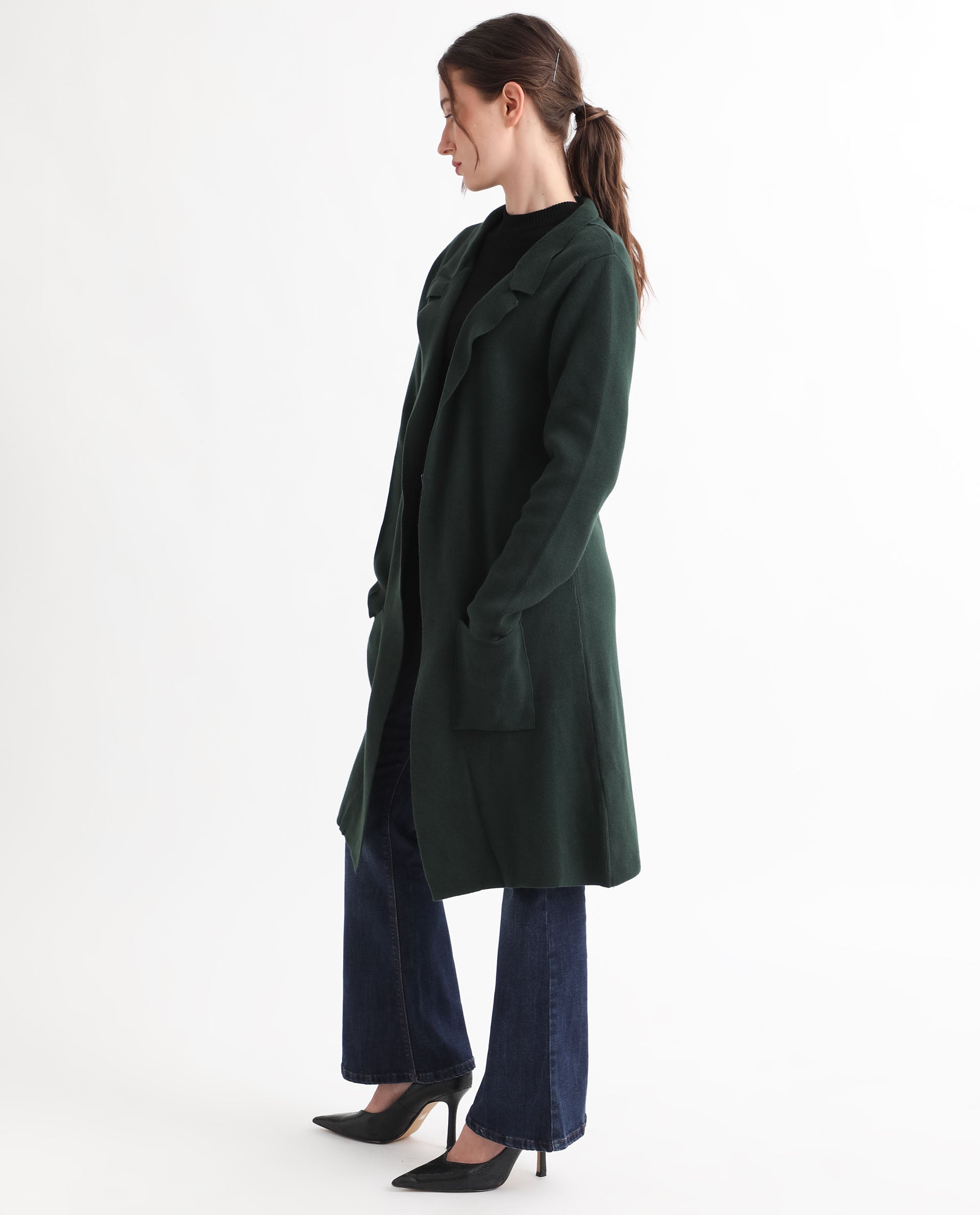 Rareism Women Trident Green Cotton Fabric Full Sleeves Knee Length Regular Fit Solid Lapel Neck Sweater