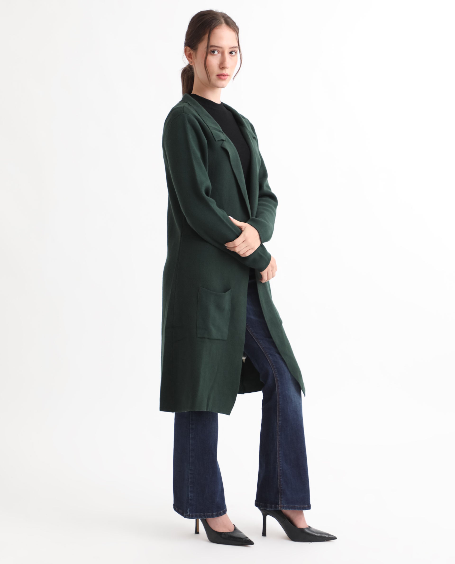 Rareism Women Trident Green Cotton Fabric Full Sleeves Knee Length Regular Fit Solid Lapel Neck Sweater