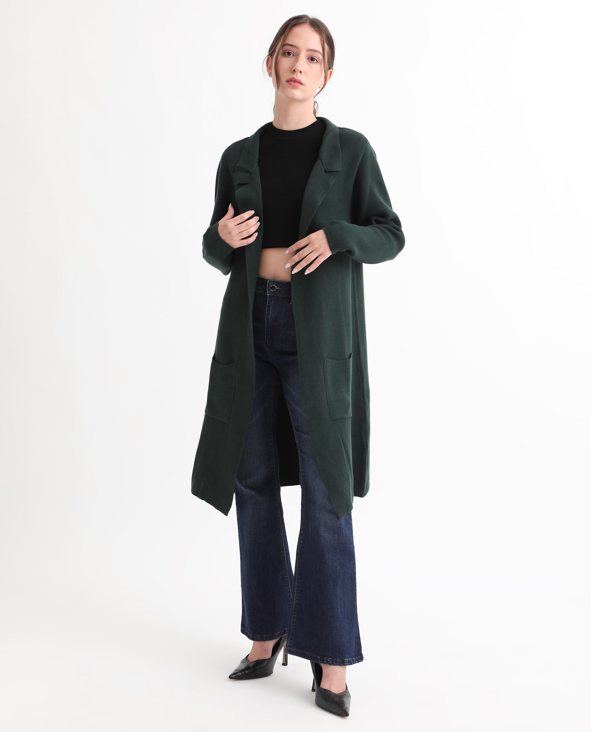 Rareism Women Trident Green Cotton Fabric Full Sleeves Knee Length Regular Fit Solid Lapel Neck Sweater