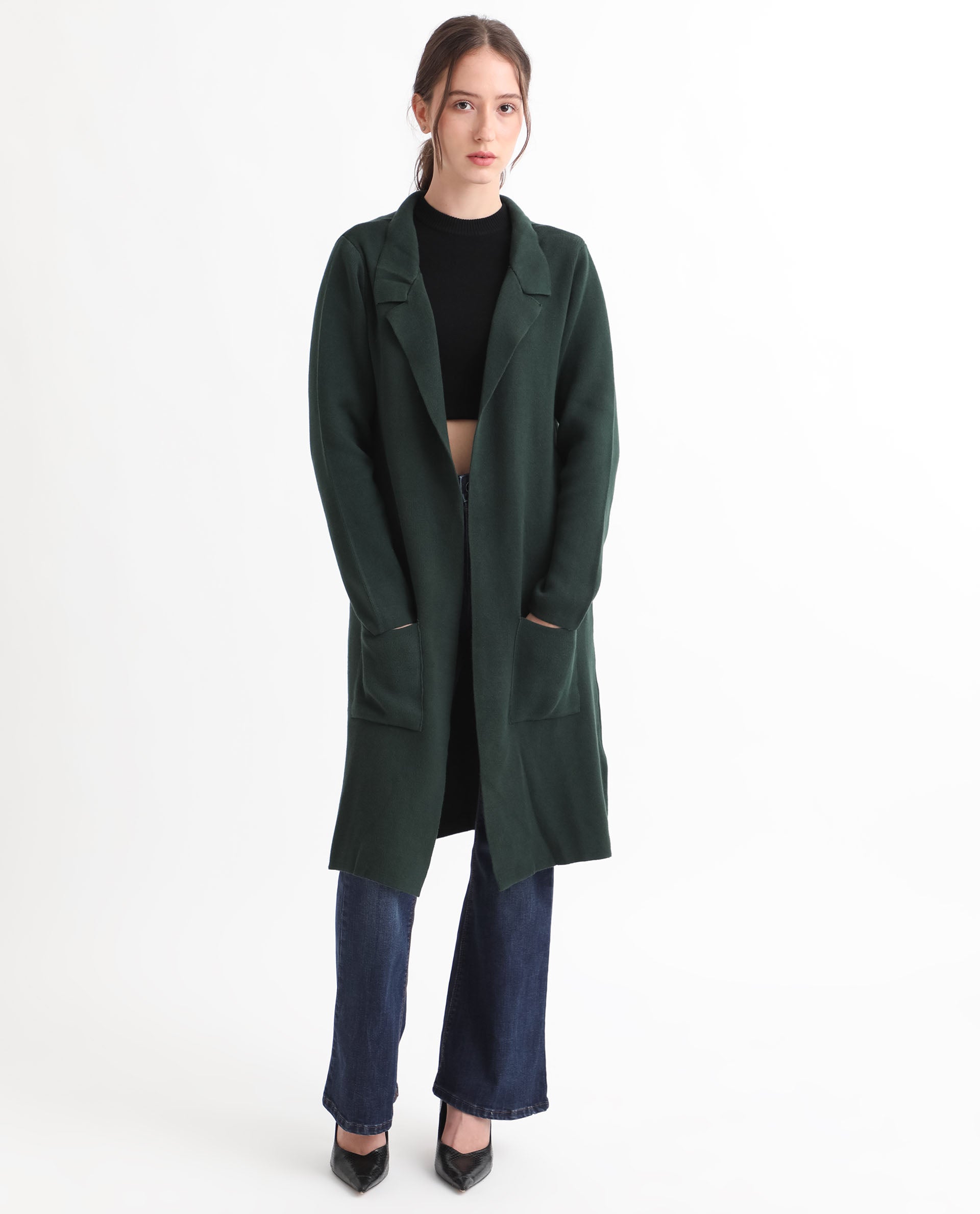 Rareism Women Trident Green Cotton Fabric Full Sleeves Knee Length Regular Fit Solid Lapel Neck Sweater