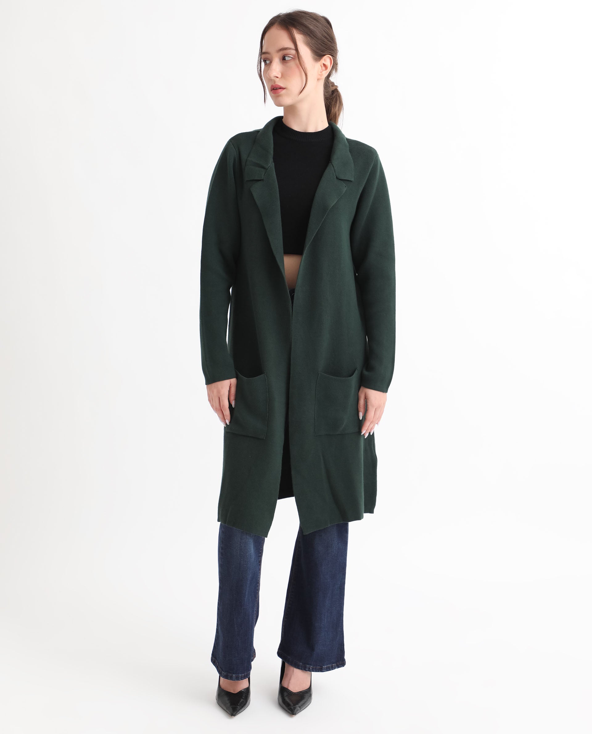 Rareism Women Trident Green Cotton Fabric Full Sleeves Knee Length Regular Fit Solid Lapel Neck Sweater