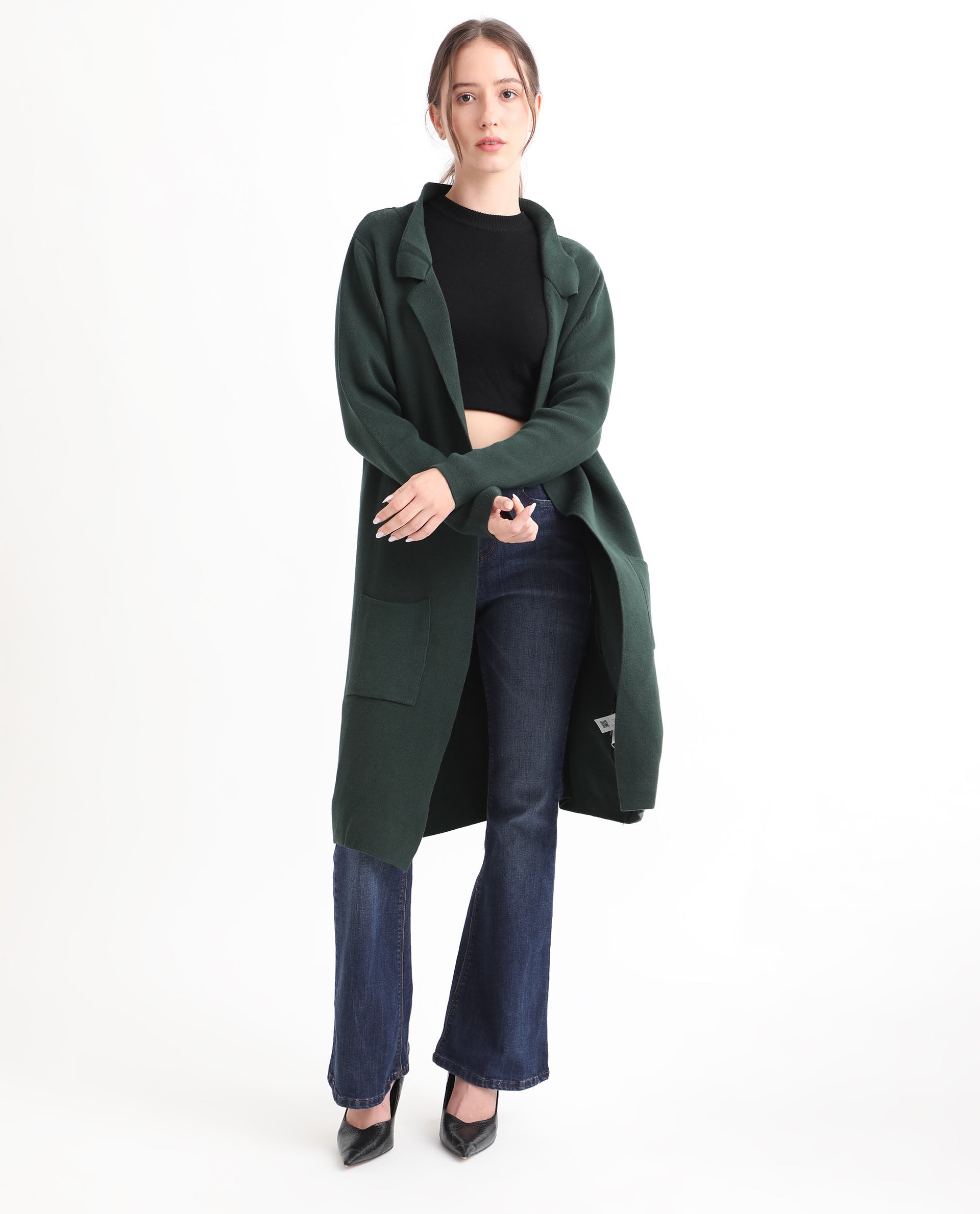 Rareism Women Trident Green Cotton Fabric Full Sleeves Knee Length Regular Fit Solid Lapel Neck Sweater