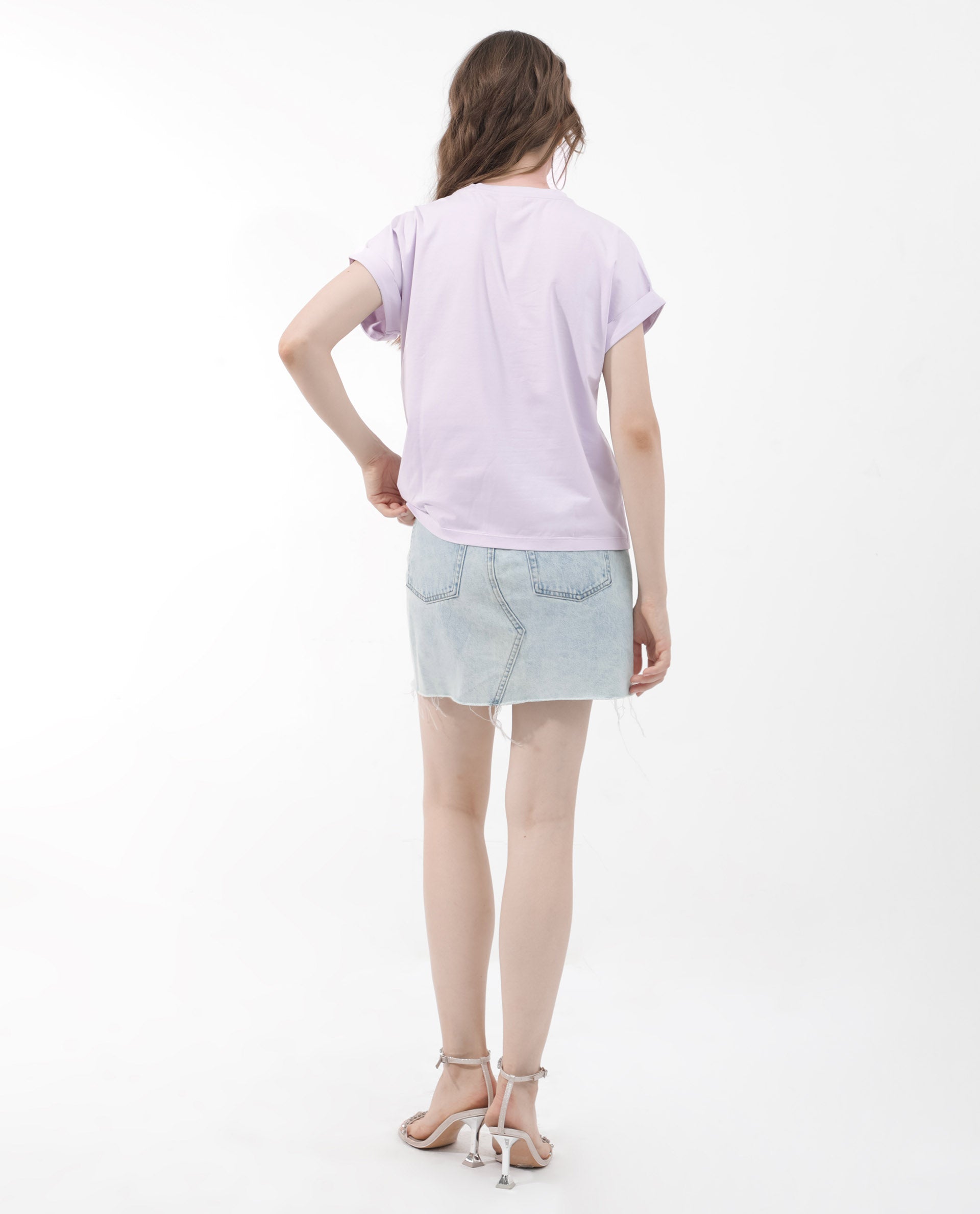 Rareism Women Trident Pastel Purple Cotton Elastane Fabric Crew Neck Knit Solid T-Shirt