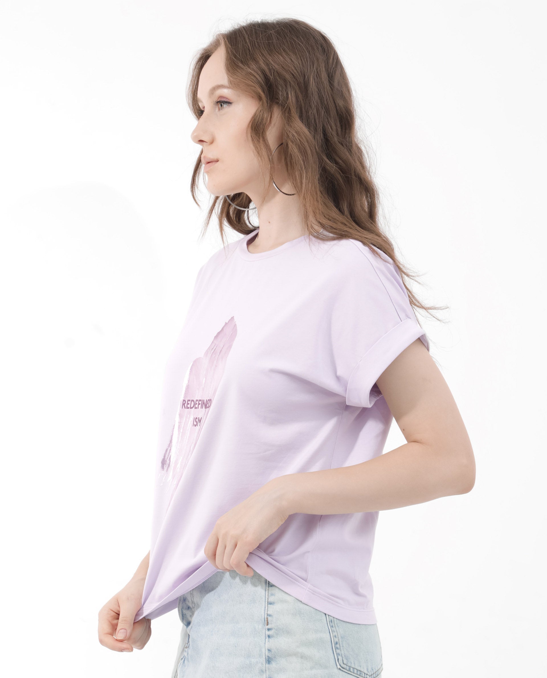 Rareism Women Trident Pastel Purple Cotton Elastane Fabric Crew Neck Knit Solid T-Shirt