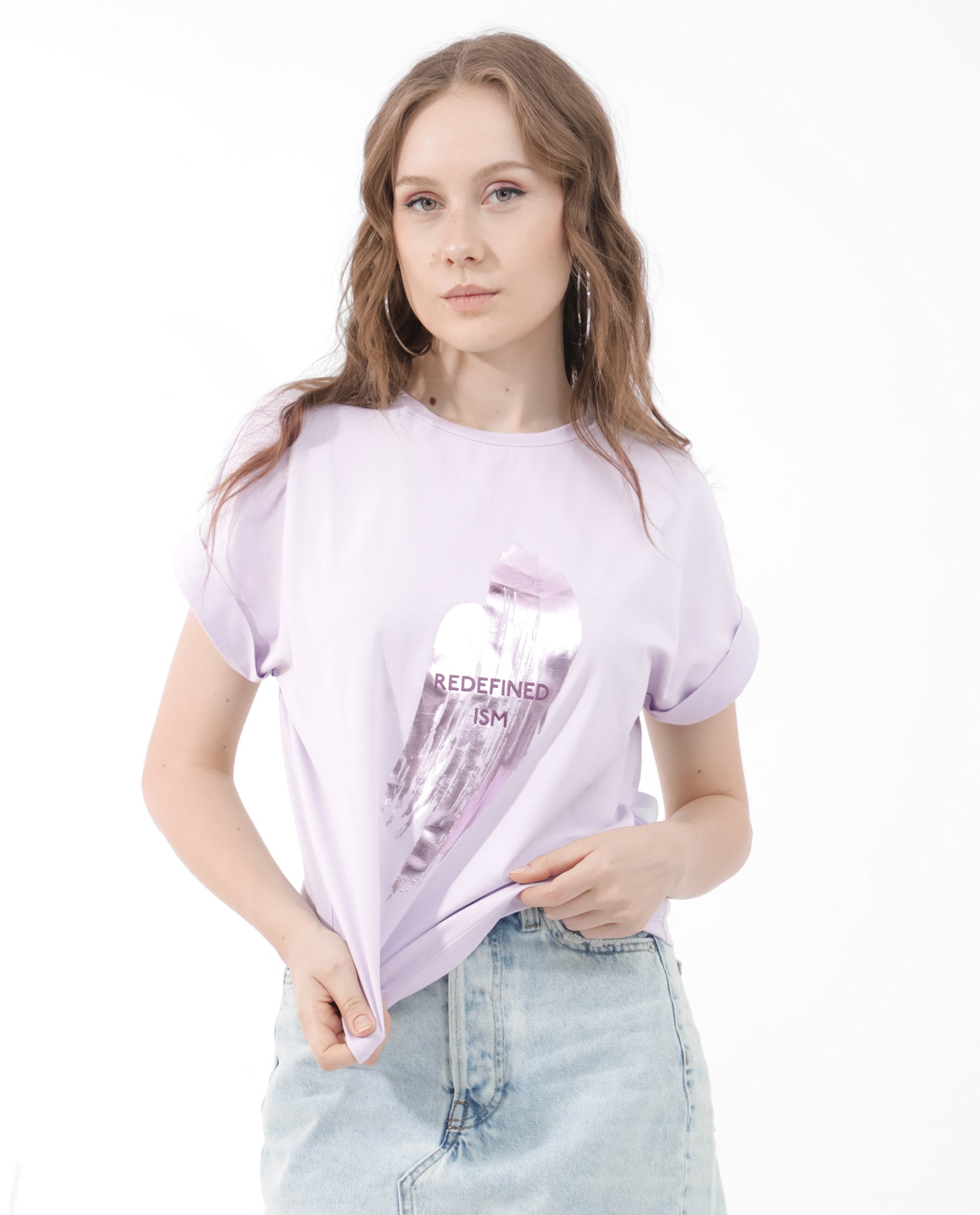 Rareism Women Trident Pastel Purple Cotton Elastane Fabric Crew Neck Knit Solid T-Shirt