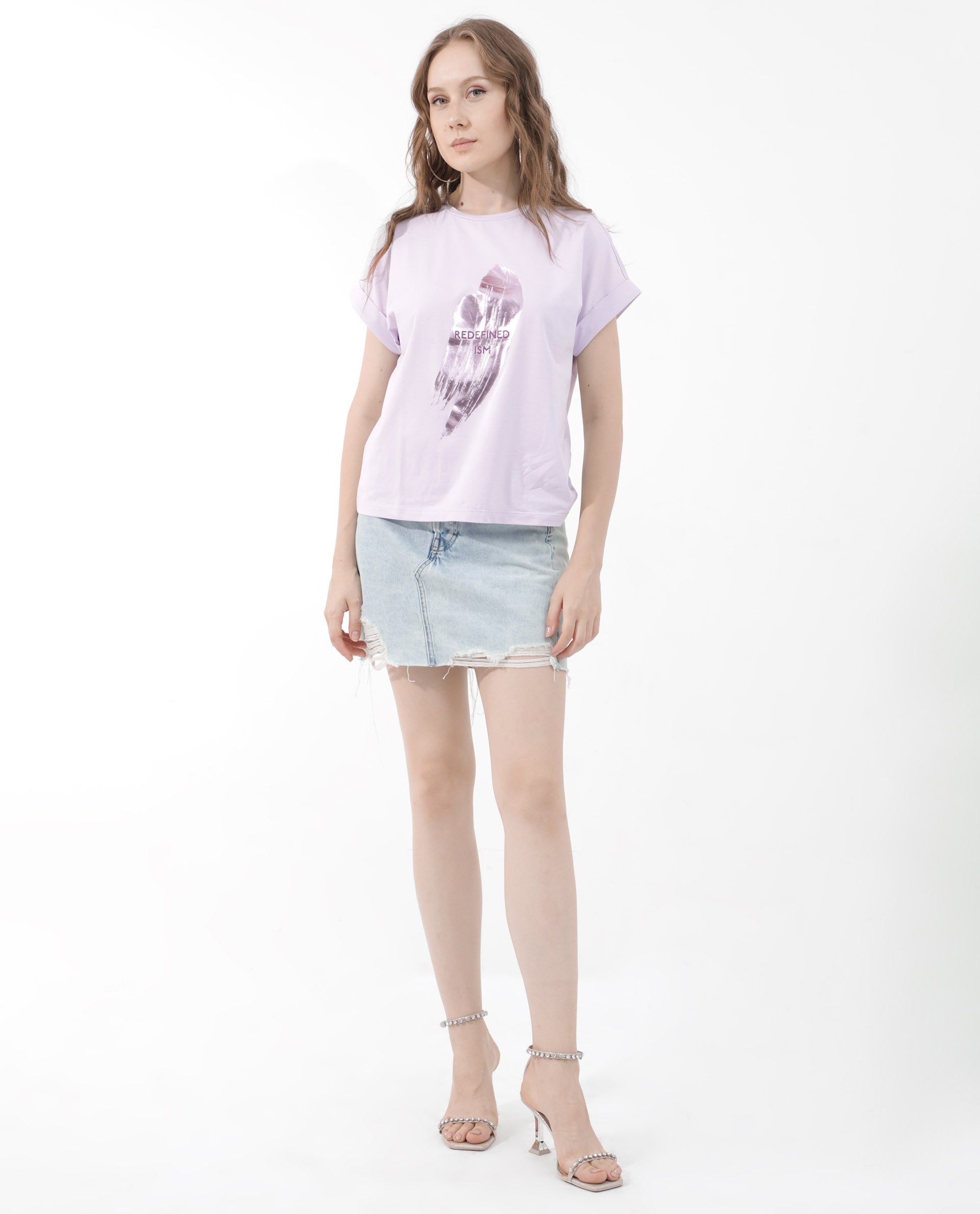 Rareism Women Trident Pastel Purple Cotton Elastane Fabric Crew Neck Knit Solid T-Shirt