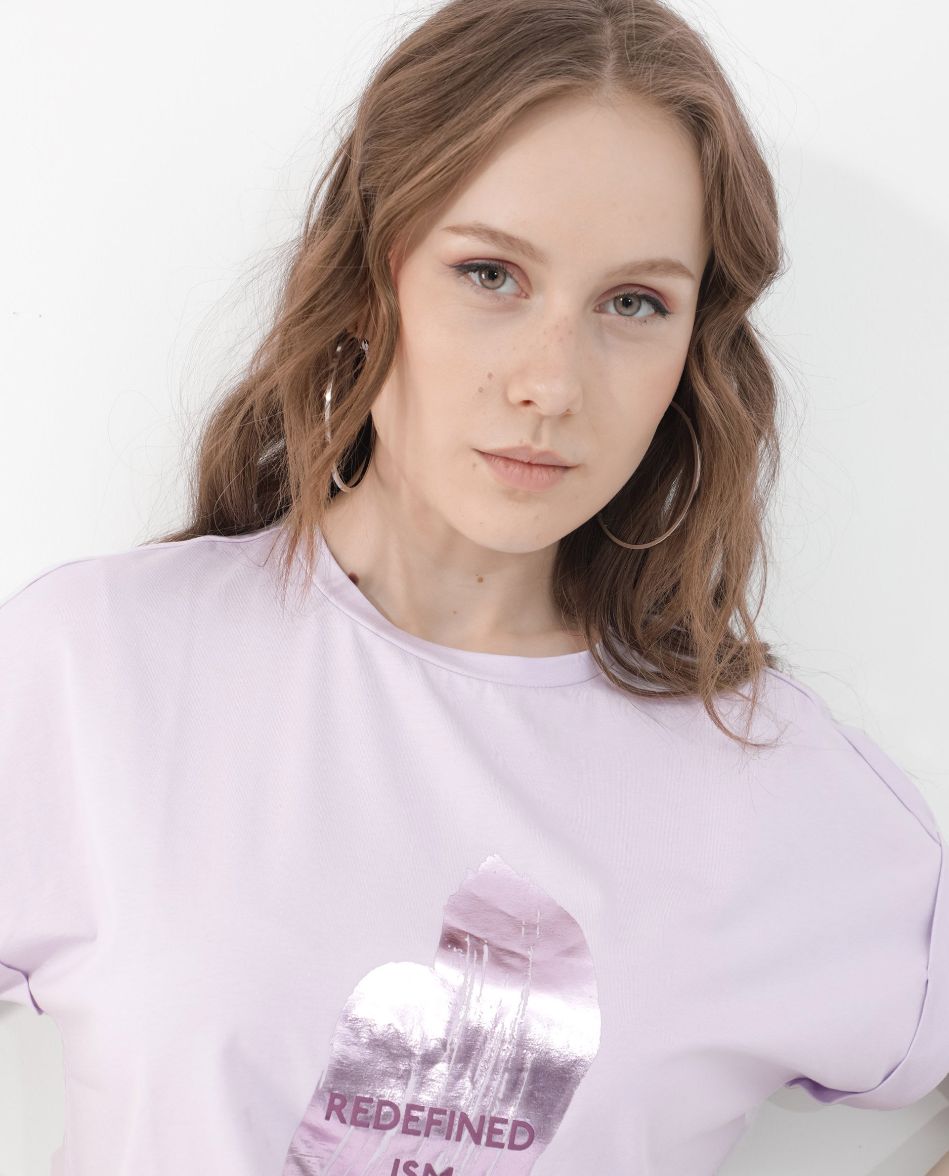 Rareism Women Trident Pastel Purple Cotton Elastane Fabric Crew Neck Knit Solid T-Shirt