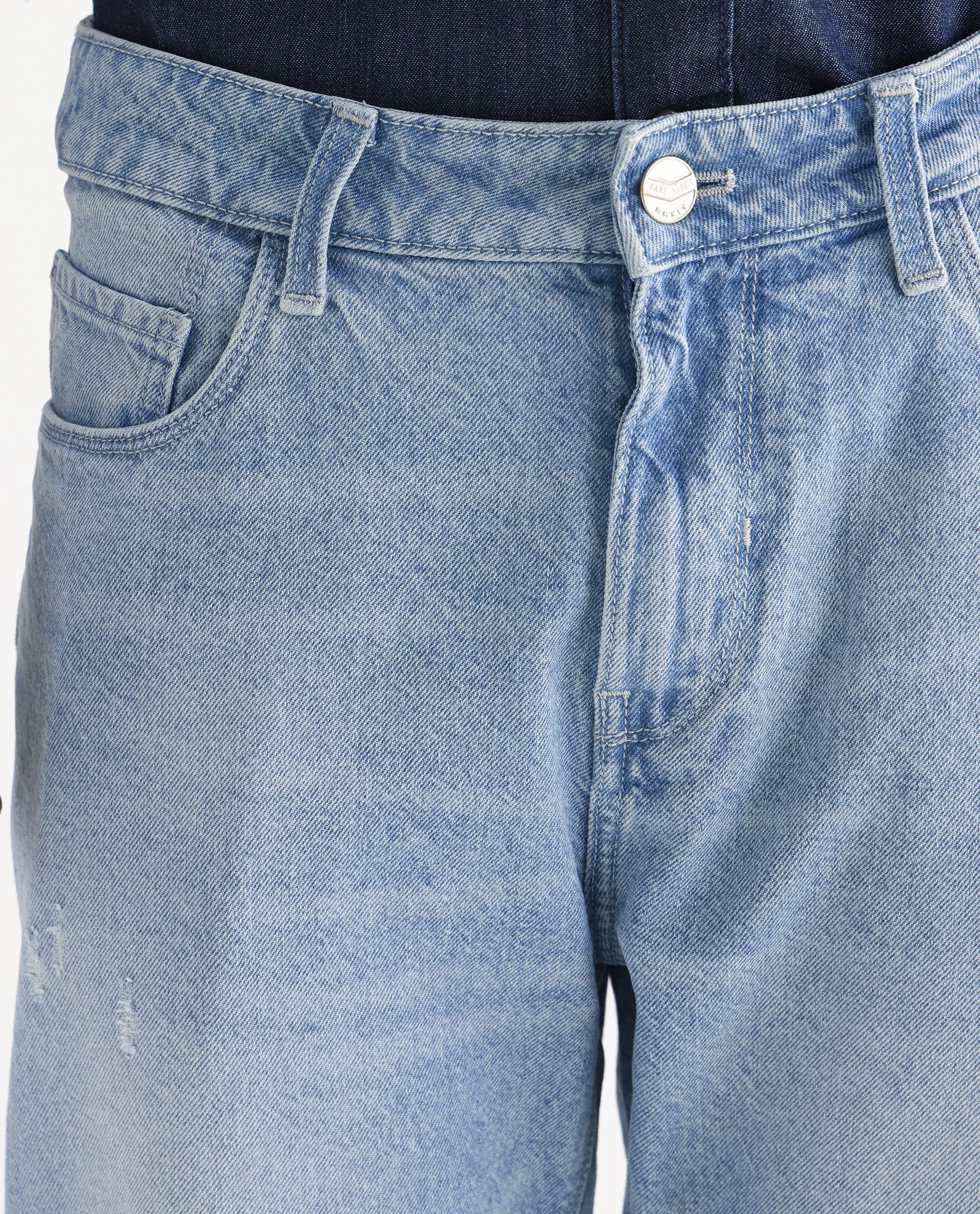 Rare Rabbit Mens Trika Light Blue Cotton Mid Wash Solid Regular Fit Jeans