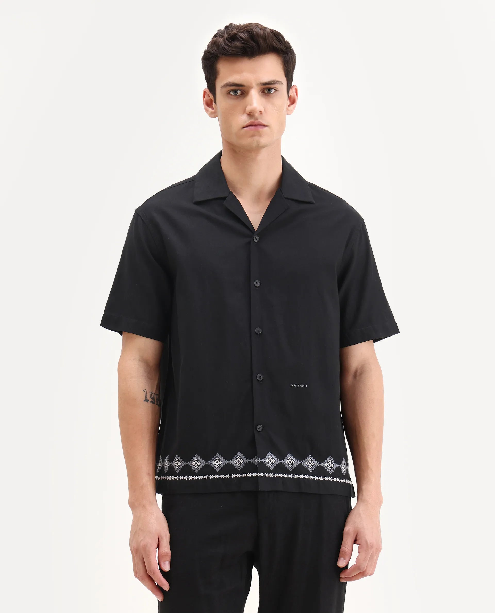 Rare Rabbit Men's Tirk Black Cotton Blend Embroidered Boxy Fit Half Sleeve Cuban Collar Shirt