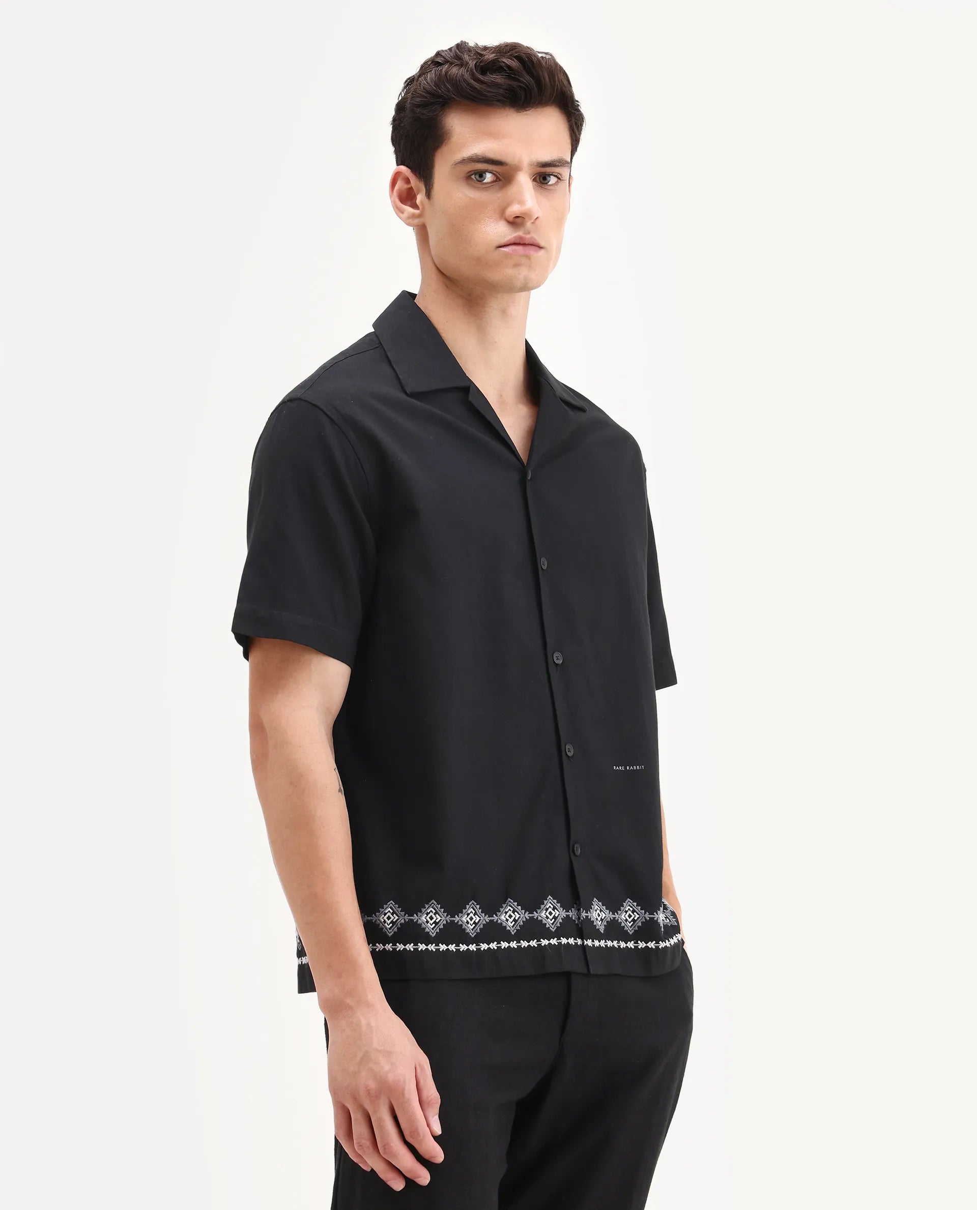 Rare Rabbit Men's Tirk Black Cotton Blend Embroidered Boxy Fit Half Sleeve Cuban Collar Shirt