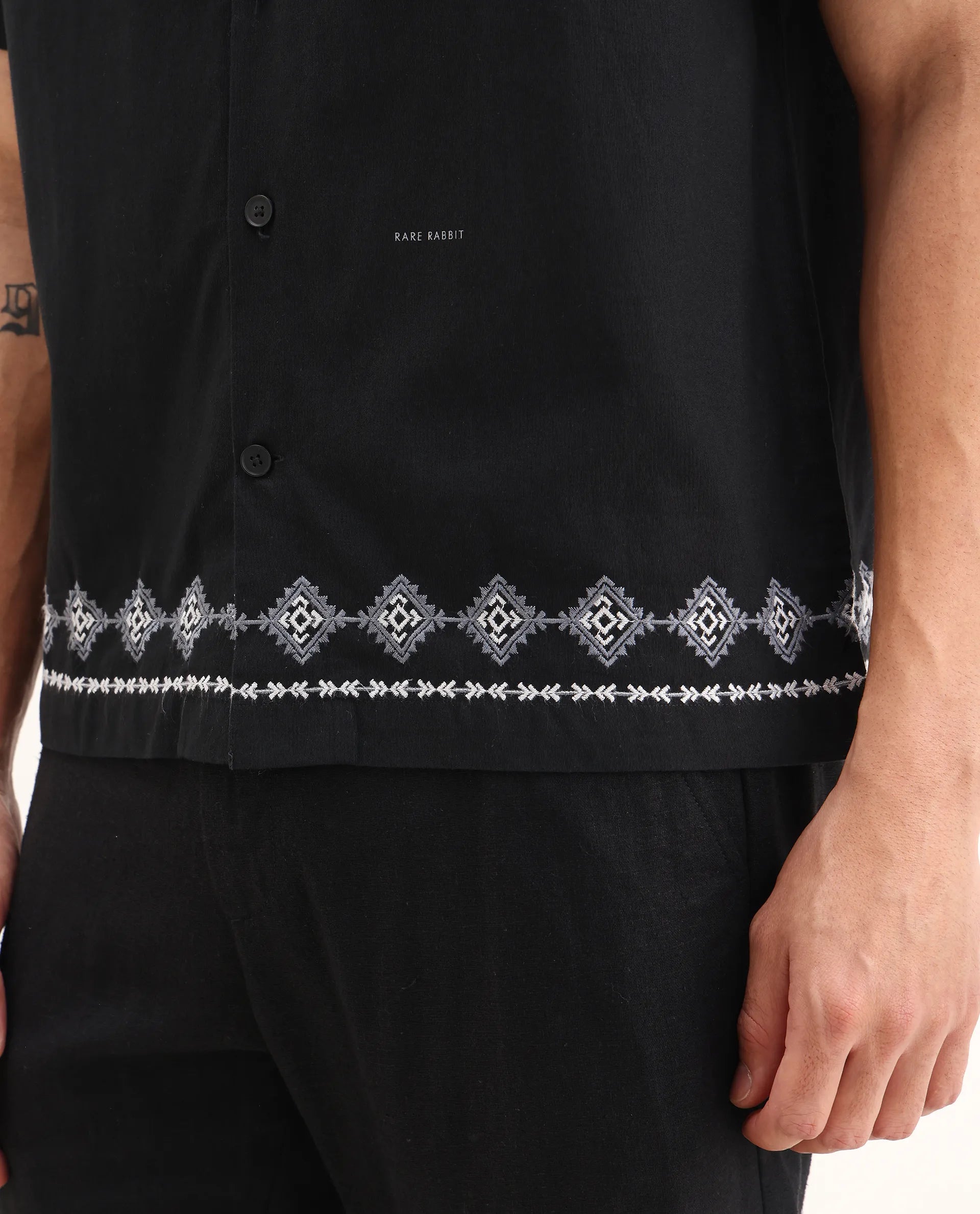 Rare Rabbit Men's Tirk Black Cotton Blend Embroidered Boxy Fit Half Sleeve Cuban Collar Shirt