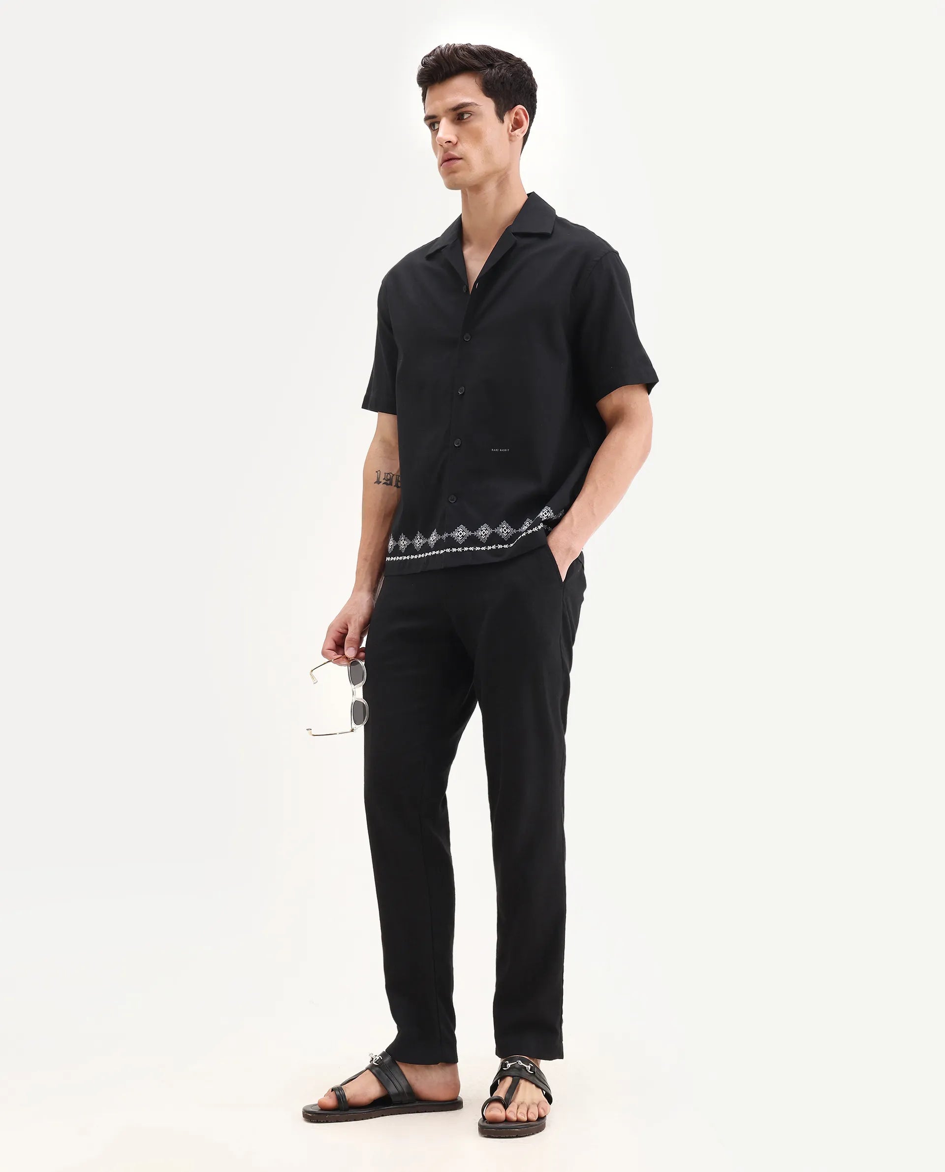 Rare Rabbit Men's Tirk Black Cotton Blend Embroidered Boxy Fit Half Sleeve Cuban Collar Shirt