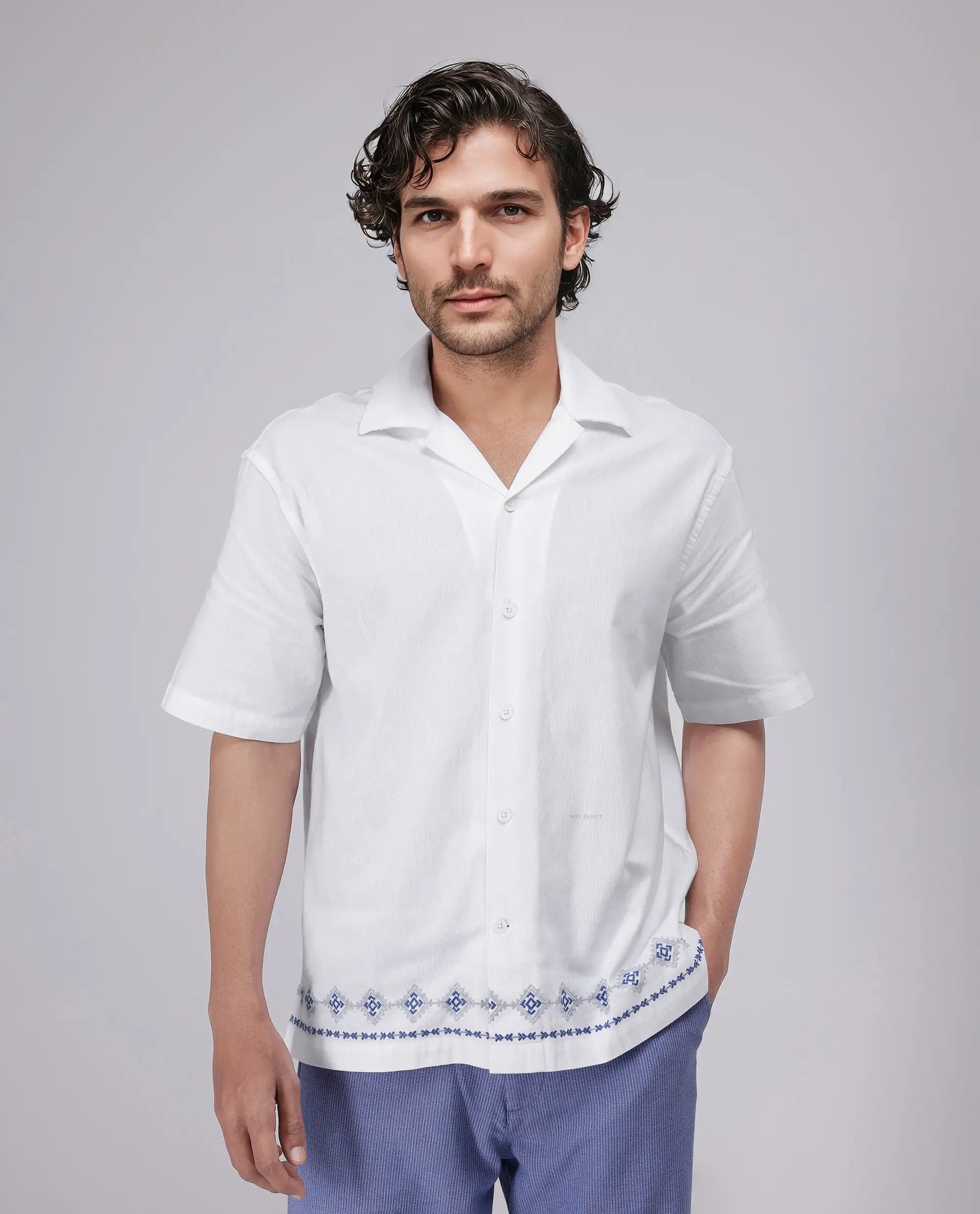 Rare Rabbit Men's Tirk White Cotton Embroidered Boxy Fit Half Sleeve Cuban Collar Shirt
