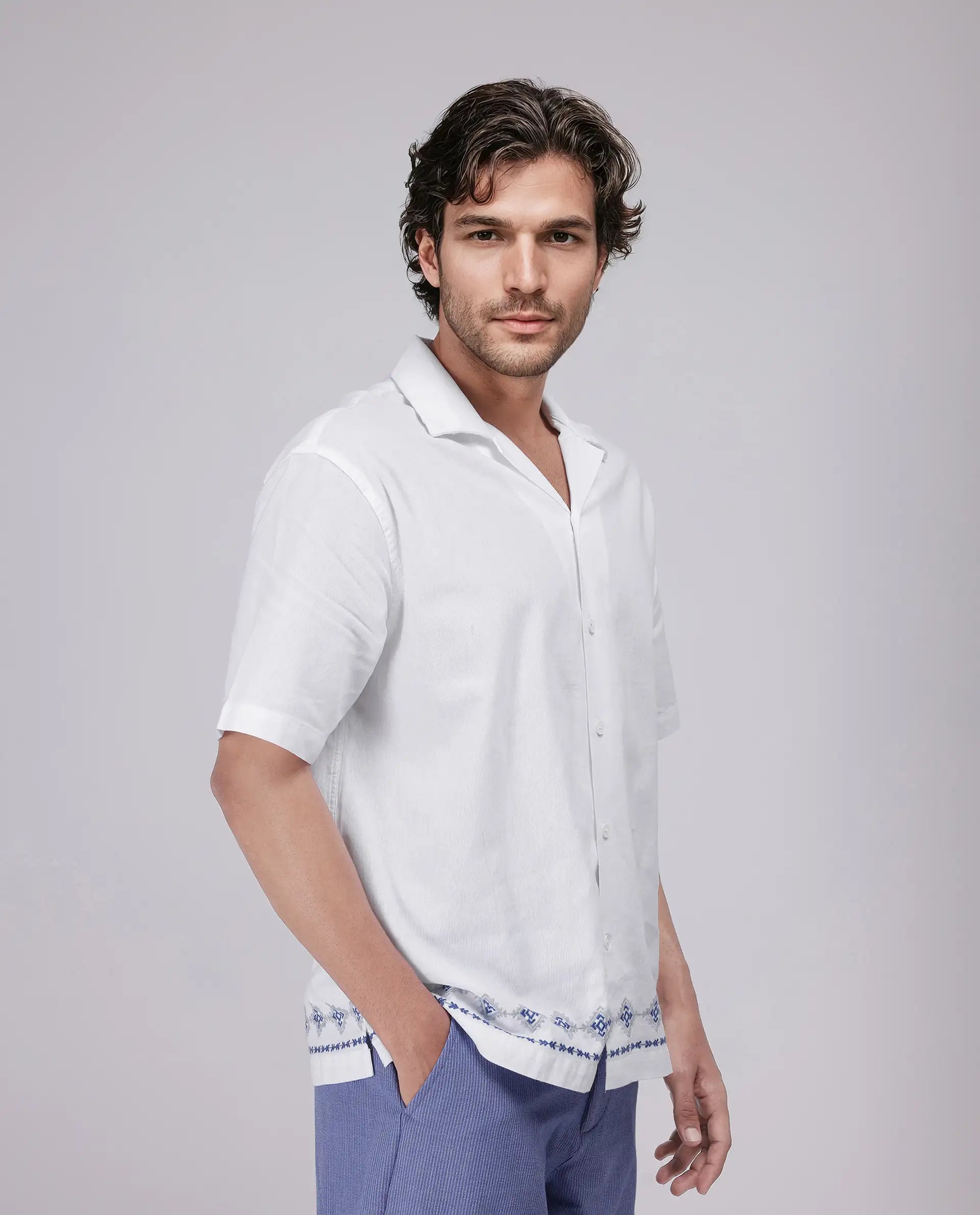 Rare Rabbit Men's Tirk White Cotton Embroidered Boxy Fit Half Sleeve Cuban Collar Shirt