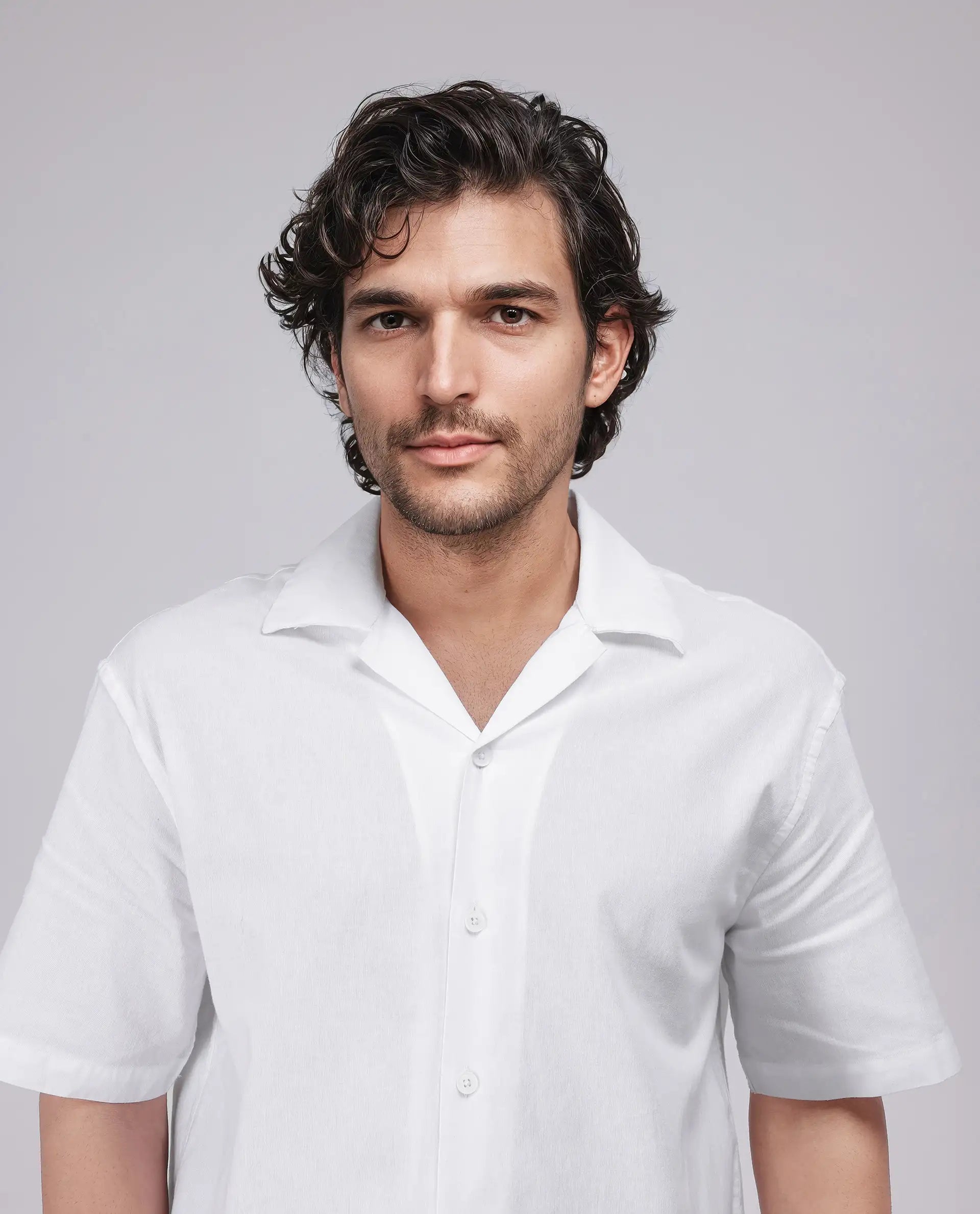 Rare Rabbit Men's Tirk White Cotton Embroidered Boxy Fit Half Sleeve Cuban Collar Shirt