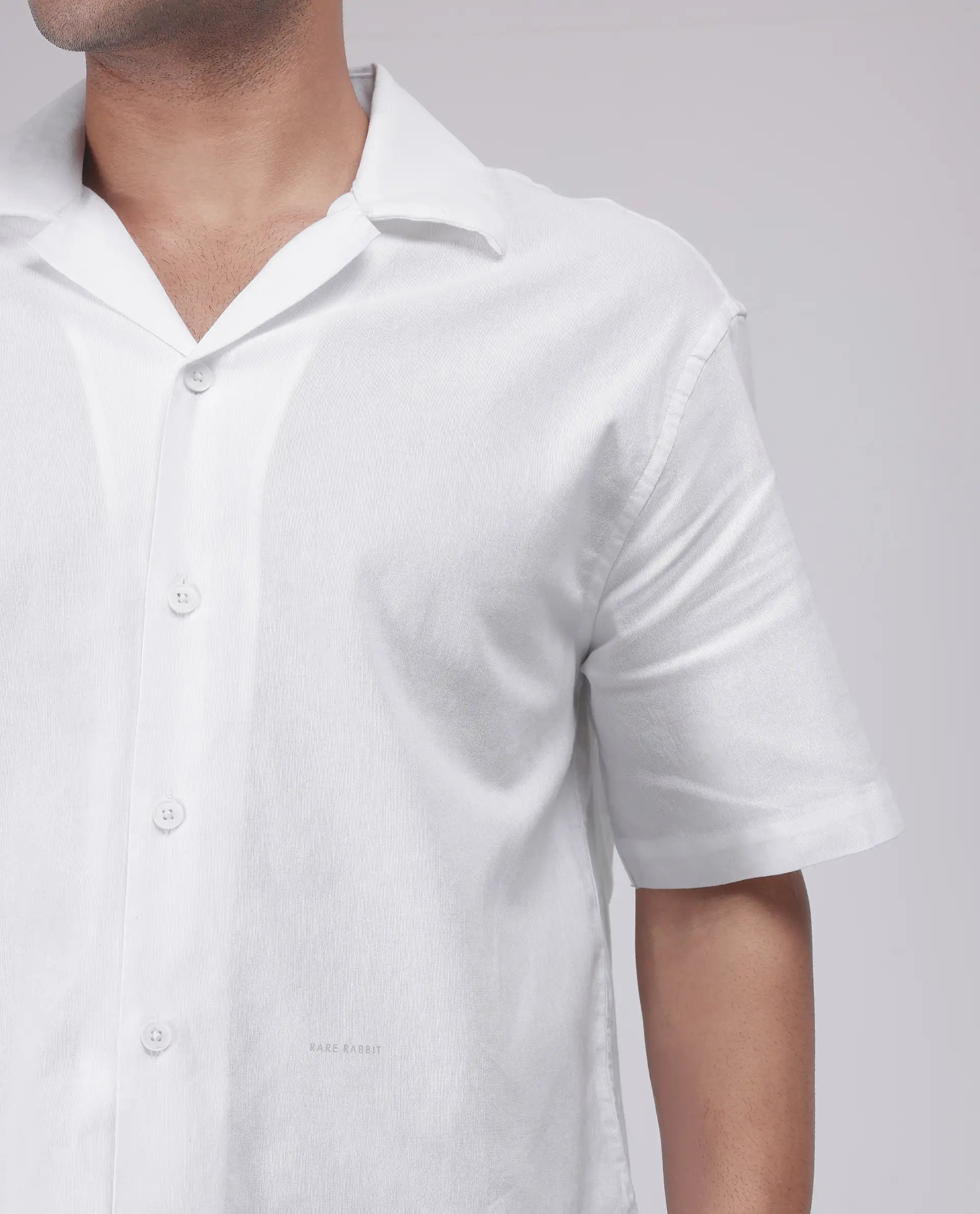 Rare Rabbit Men's Tirk White Cotton Embroidered Boxy Fit Half Sleeve Cuban Collar Shirt