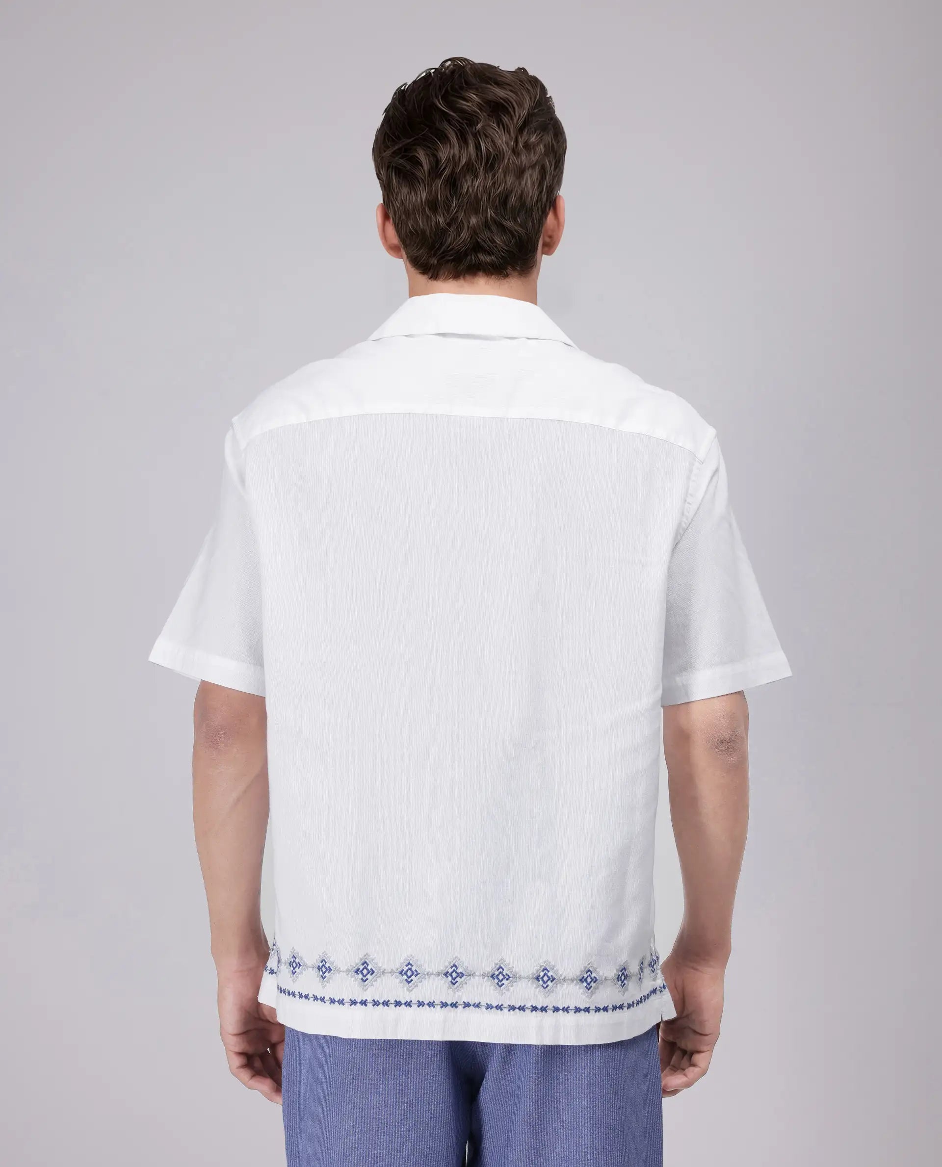 Rare Rabbit Men's Tirk White Cotton Embroidered Boxy Fit Half Sleeve Cuban Collar Shirt