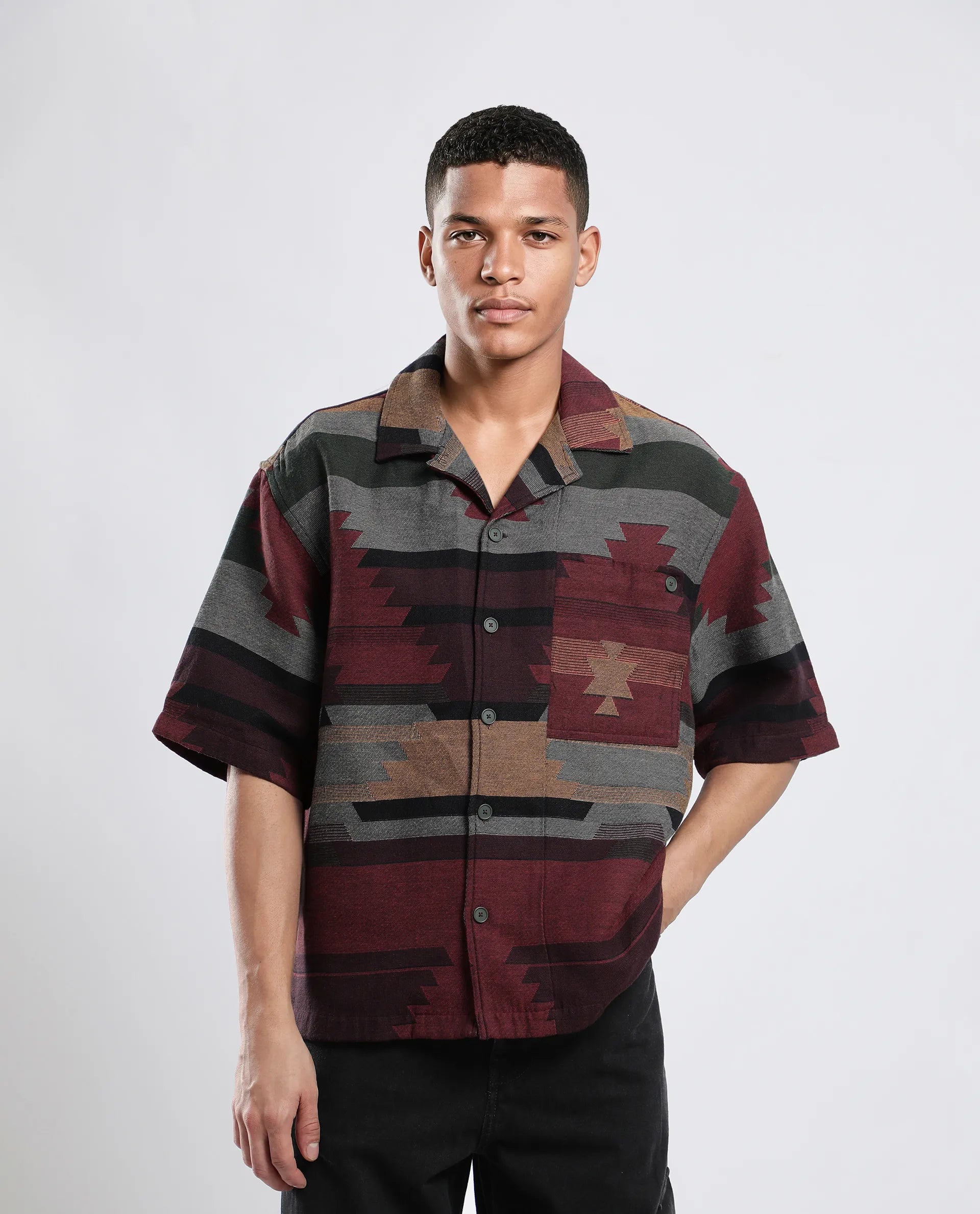 Rare Rabbit Men's Tri Maroon Cotton Jacquard Boxy Fit Half Sleeve Collared Shirt