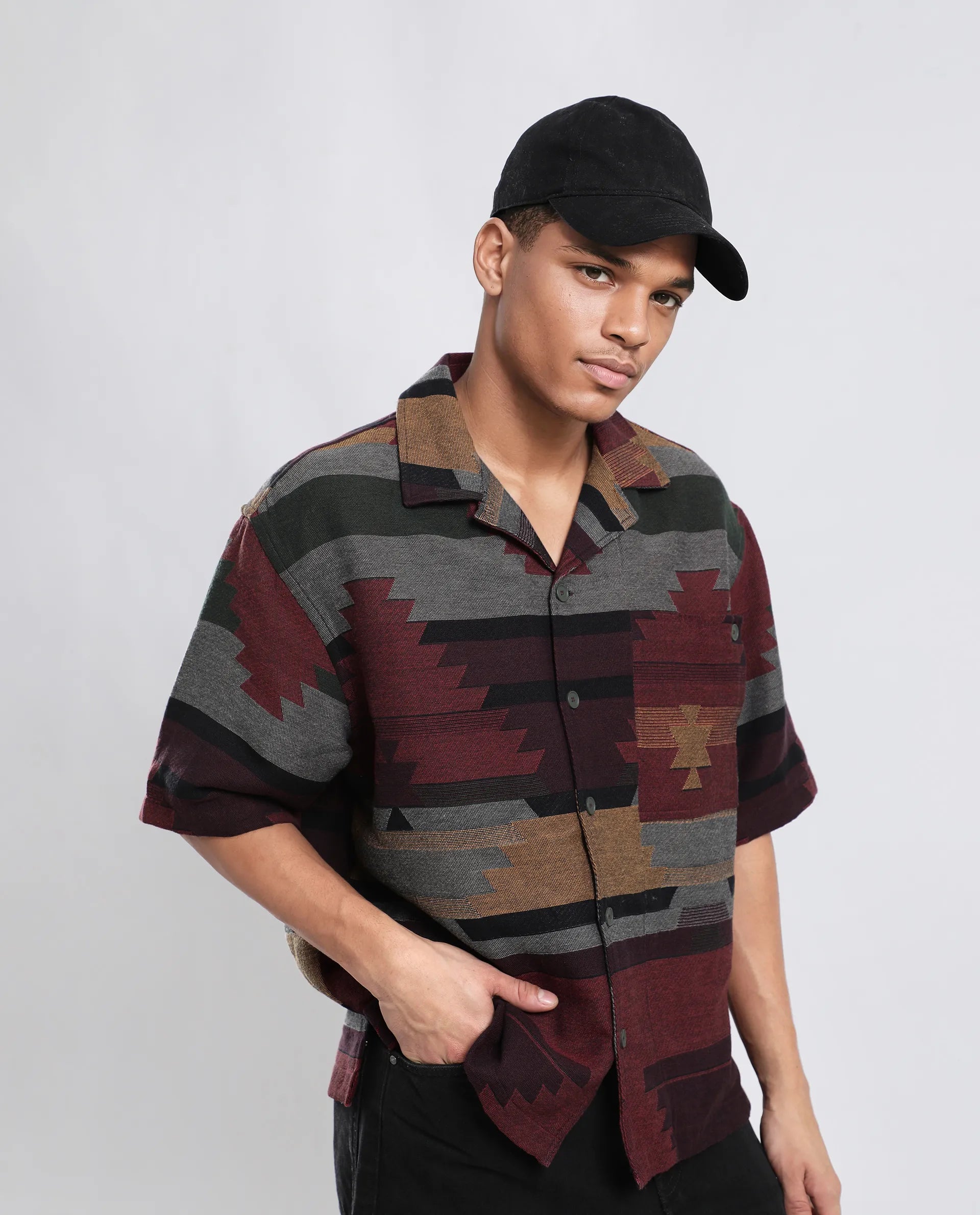 Rare Rabbit Men's Tri Maroon Cotton Jacquard Boxy Fit Half Sleeve Collared Shirt