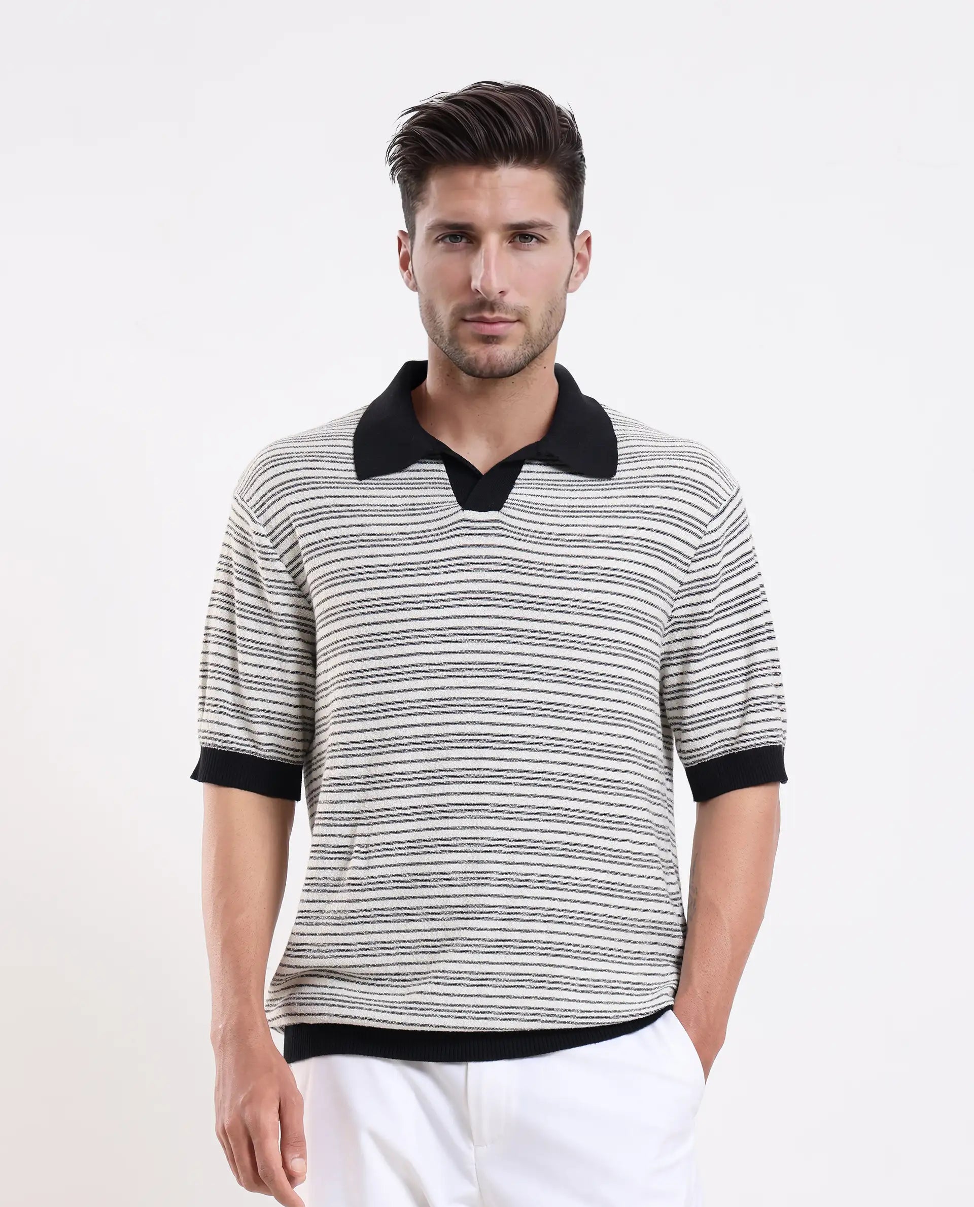 Rare Rabbit Men's Trin - Black Cotton Plain Regular Fit Half Sleeve Polo