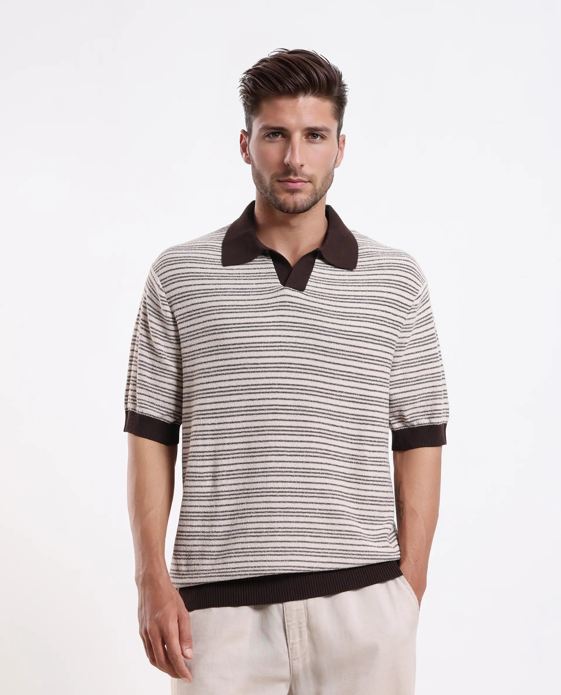 Rare Rabbit Men's Trin Brown Cotton Plain Regular Fit Half Sleeve Polo