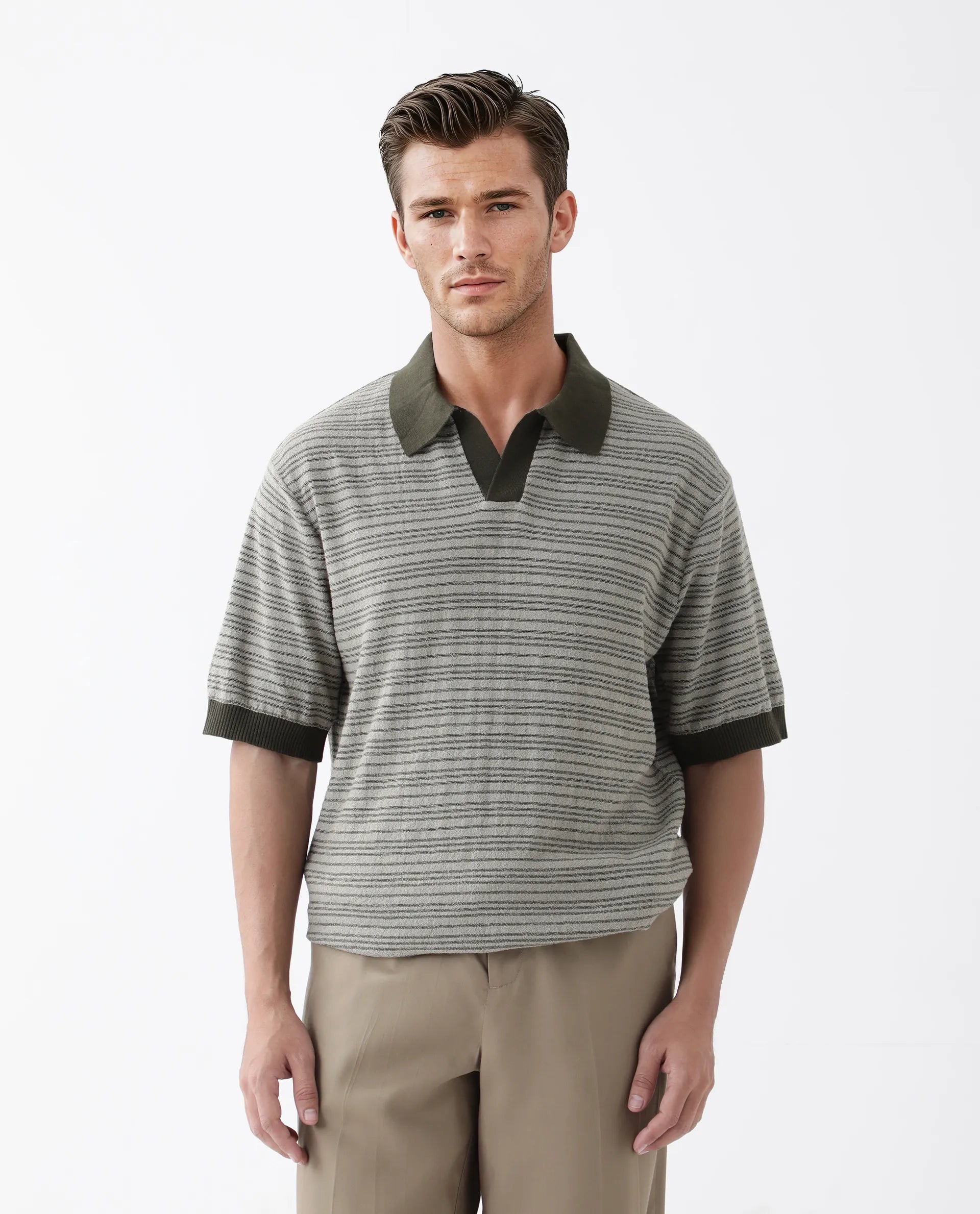 Rare Rabbit Men's Trin Dark Olive Cotton Striped Print Regular Fit Half Sleeve Polo