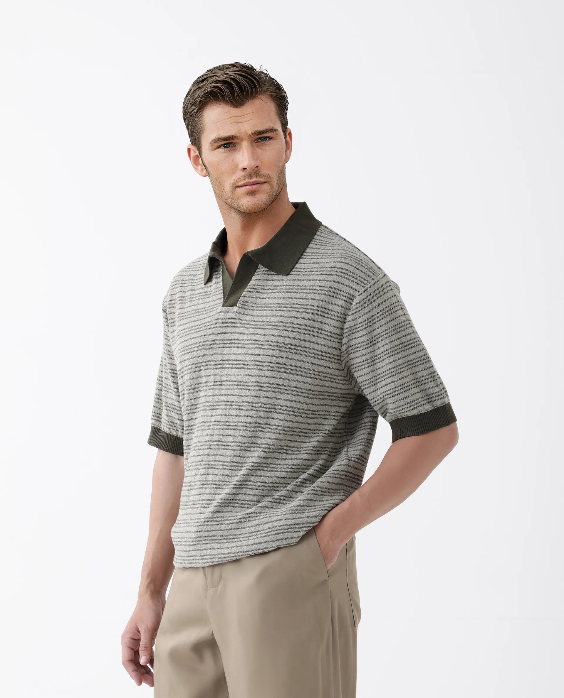 Rare Rabbit Men's Trin Dark Olive Cotton Striped Print Regular Fit Half Sleeve Polo