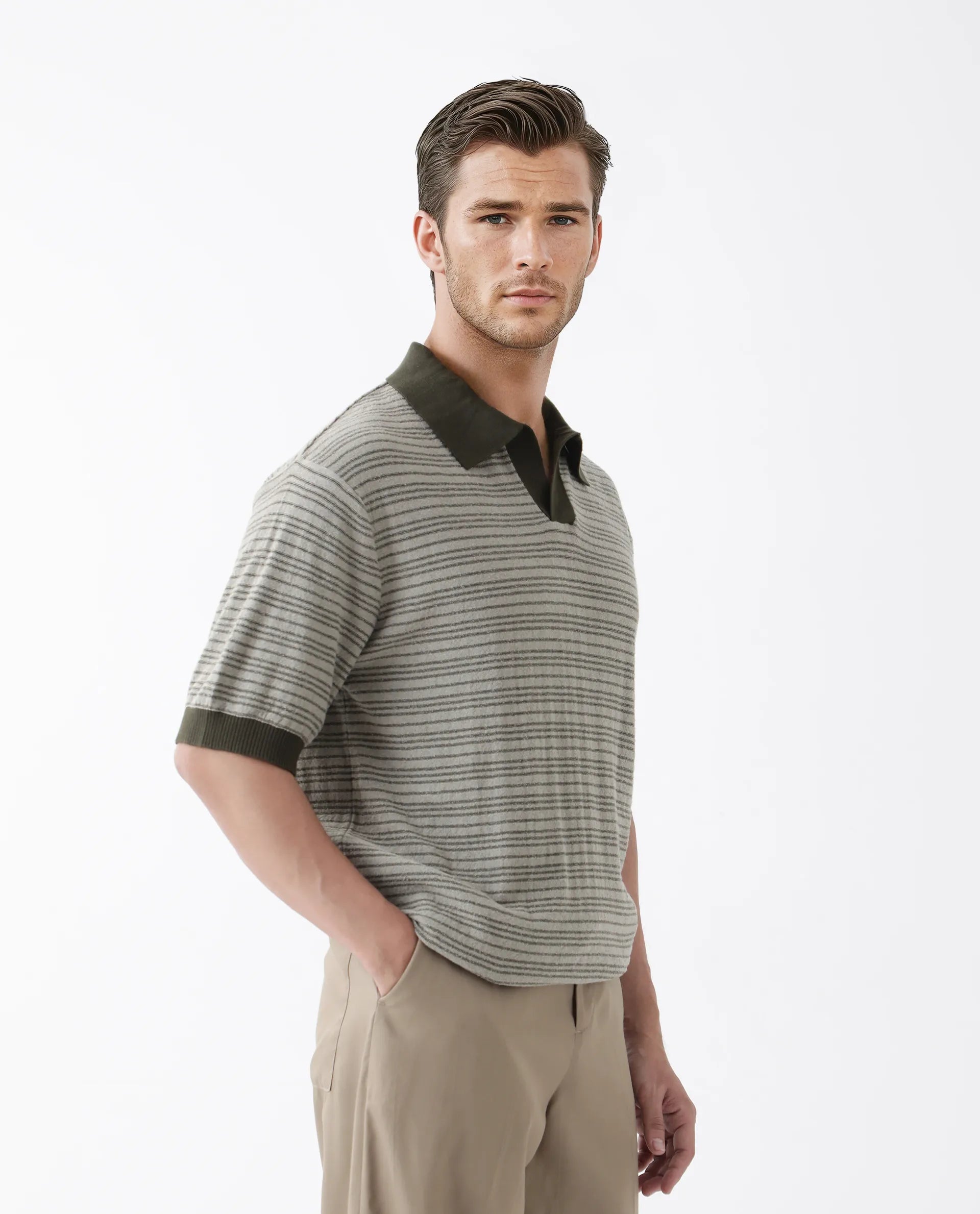 Rare Rabbit Men's Trin Dark Olive Cotton Striped Print Regular Fit Half Sleeve Polo