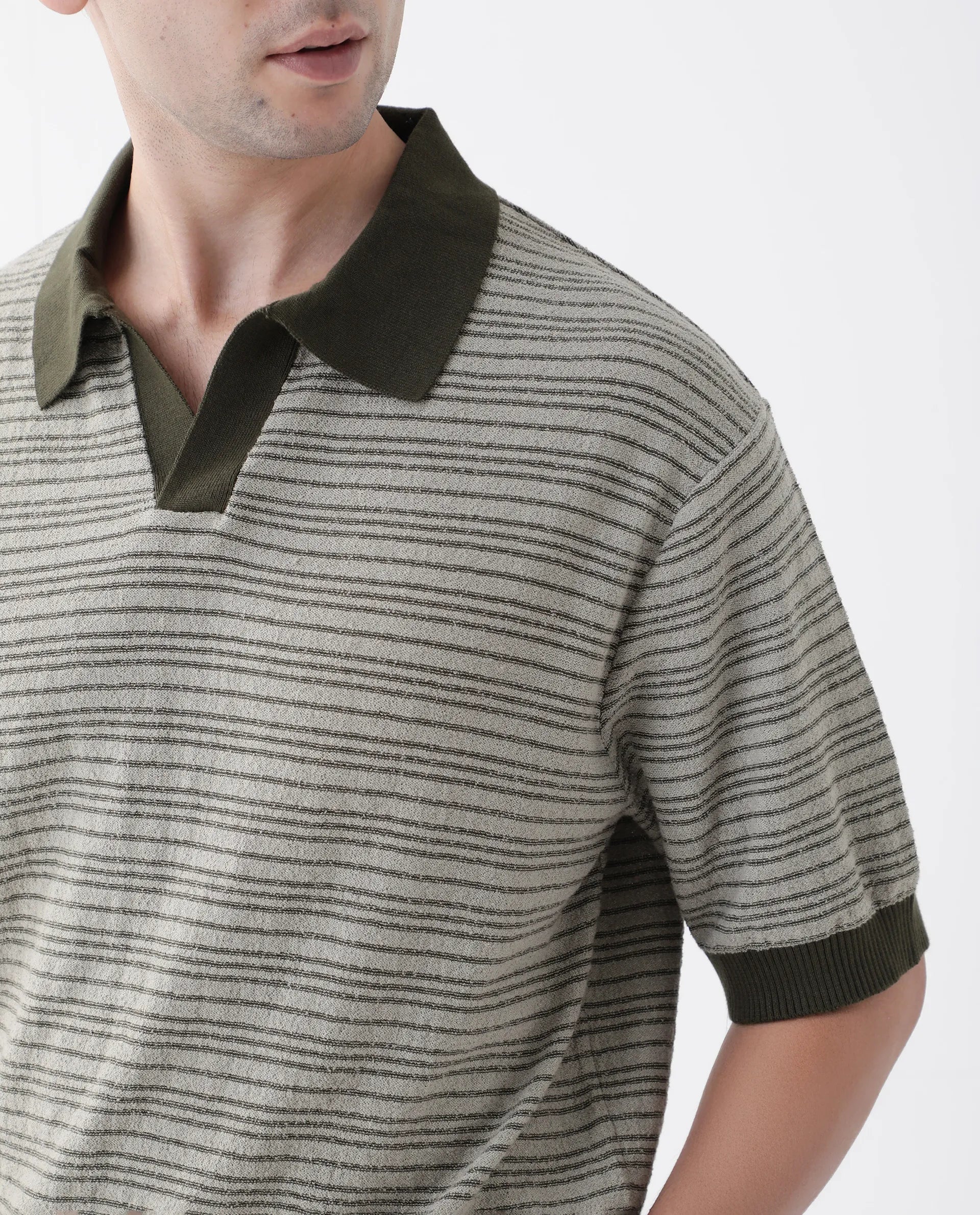 Rare Rabbit Men's Trin Dark Olive Cotton Striped Print Regular Fit Half Sleeve Polo