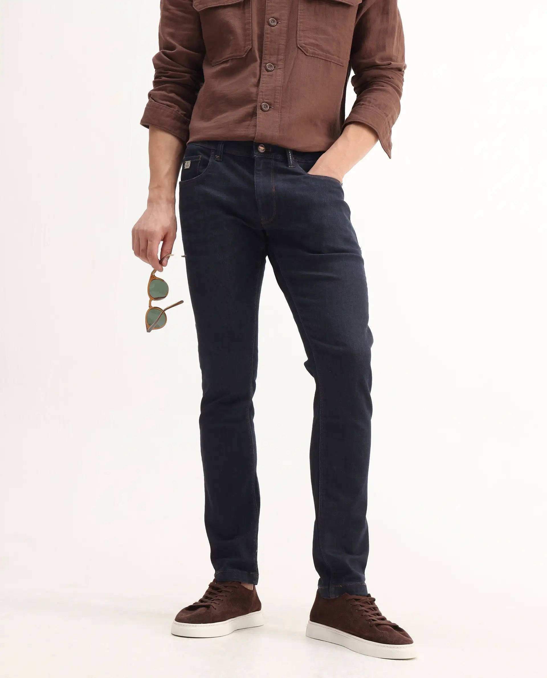 Rare Rabbit Men's Trinity Blue Cotton Plain Hawk Slim Fit Jeans