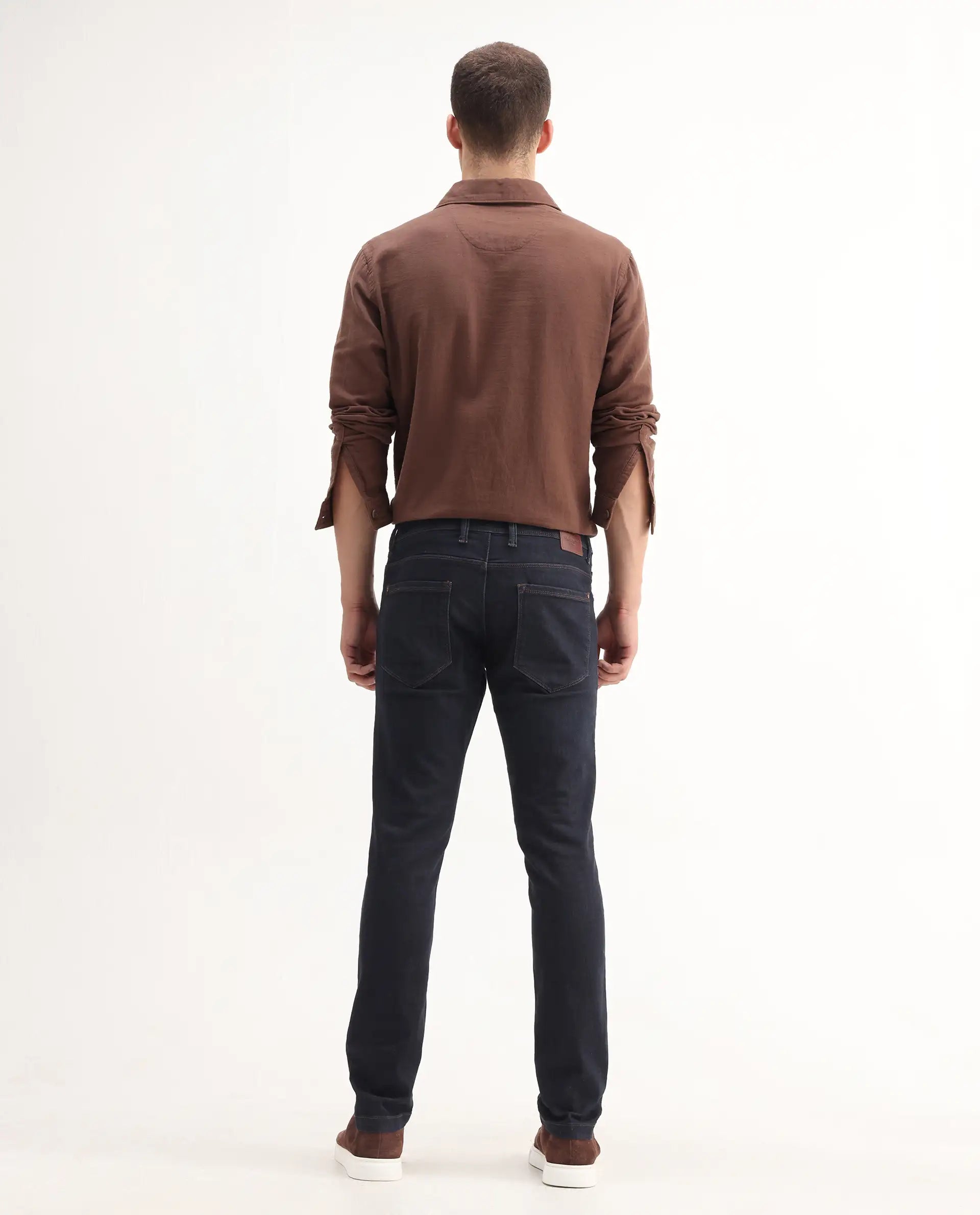 Rare Rabbit Men's Trinity Blue Cotton Plain Hawk Slim Fit Jeans