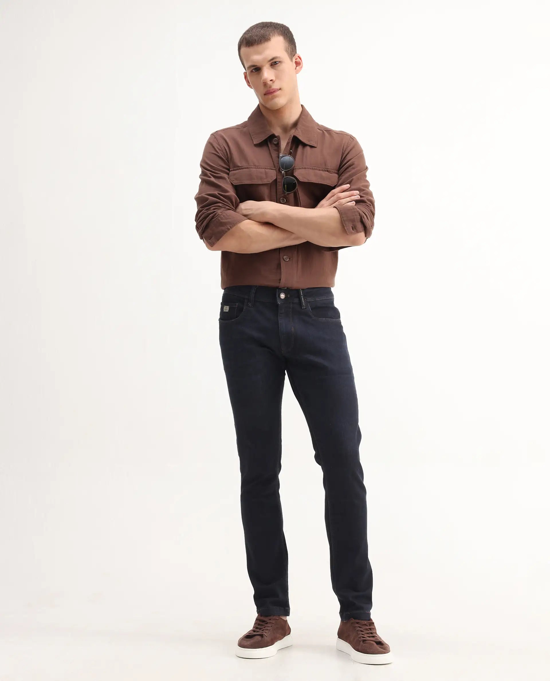 Rare Rabbit Men's Trinity Blue Cotton Plain Hawk Slim Fit Jeans