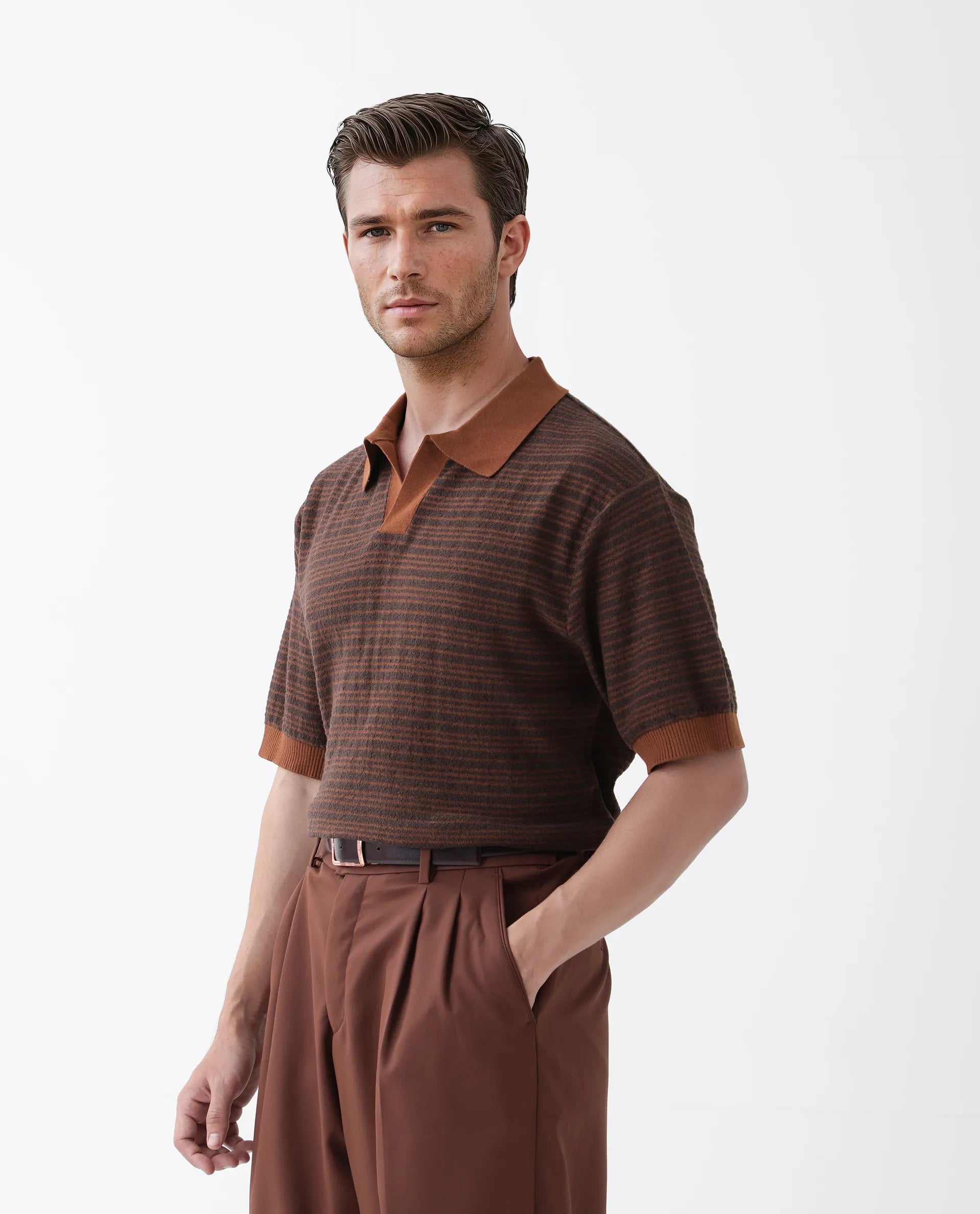 Rare Rabbit Men's Trin Rust Cotton Striped Print Regular Fit Half Sleeve Polo
