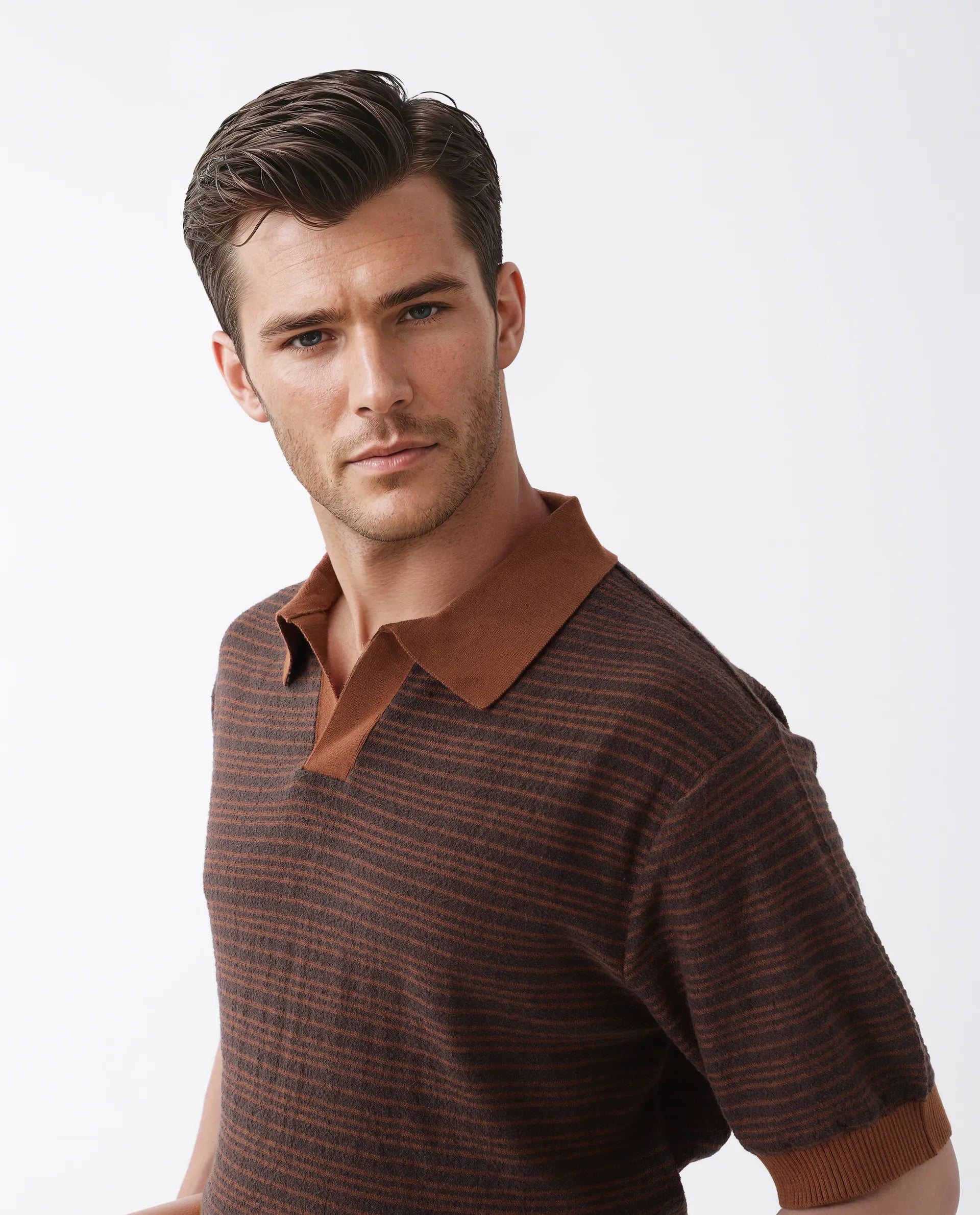 Rare Rabbit Men's Trin Rust Cotton Striped Print Regular Fit Half Sleeve Polo