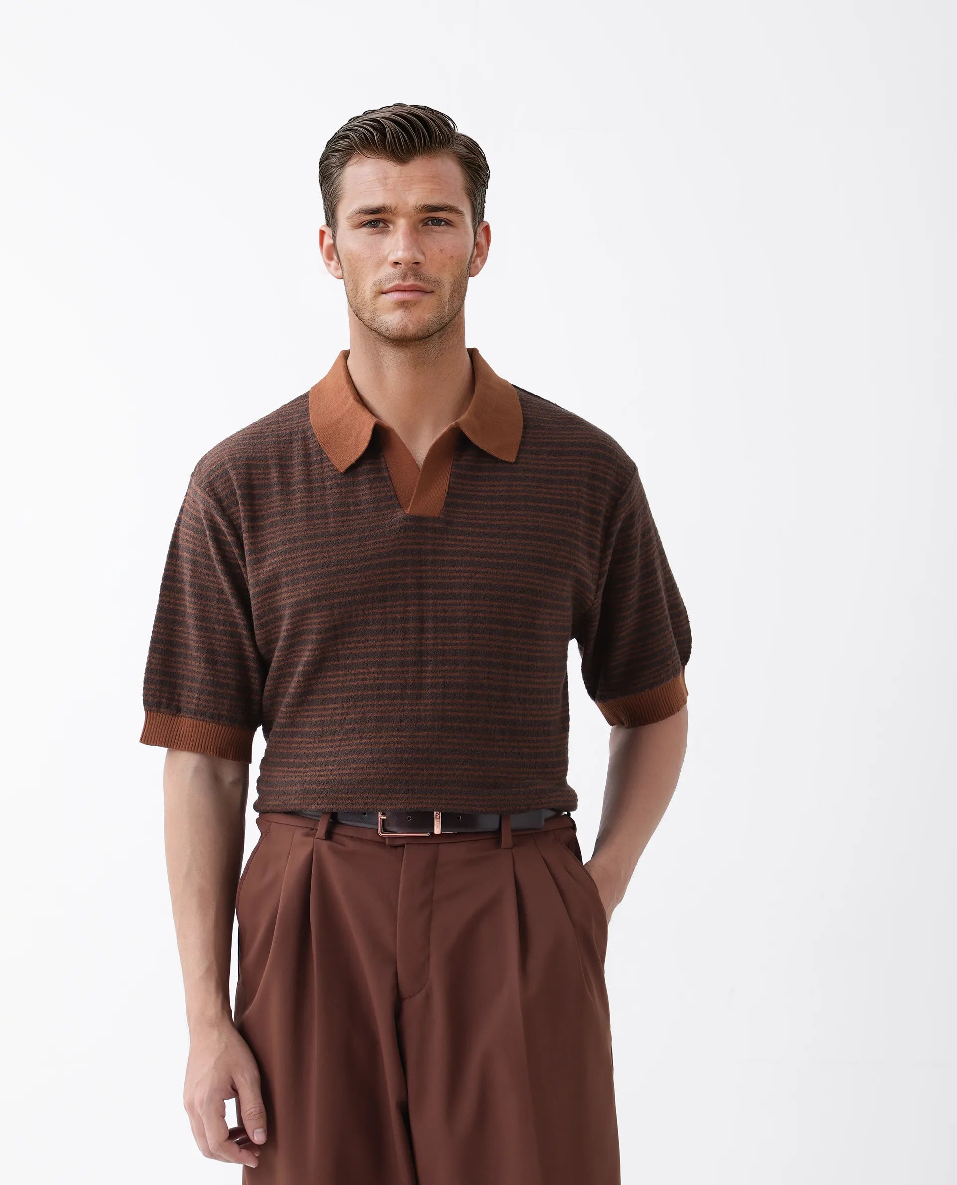 Rare Rabbit Men's Trin Rust Cotton Striped Print Regular Fit Half Sleeve Polo