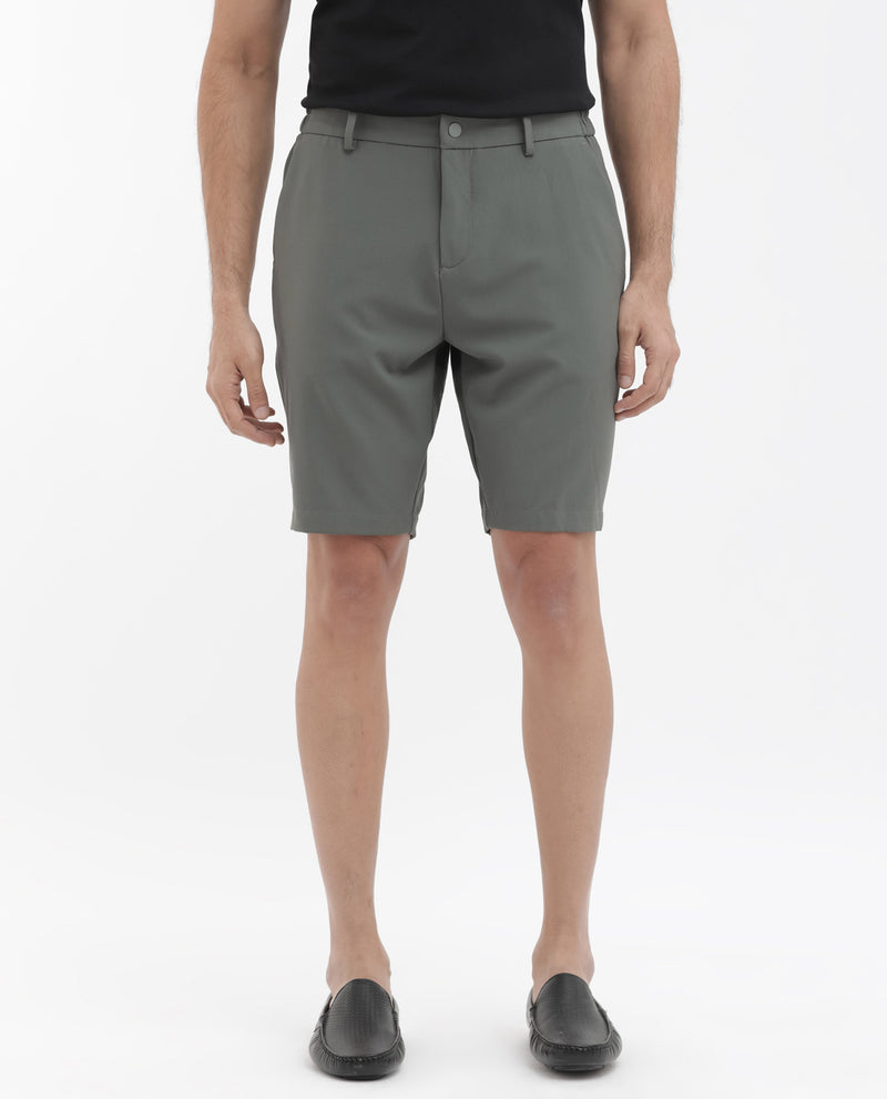 Rare Rabbit Mens Trip-1 Green Mid Rise Regular Fit Solid Shorts