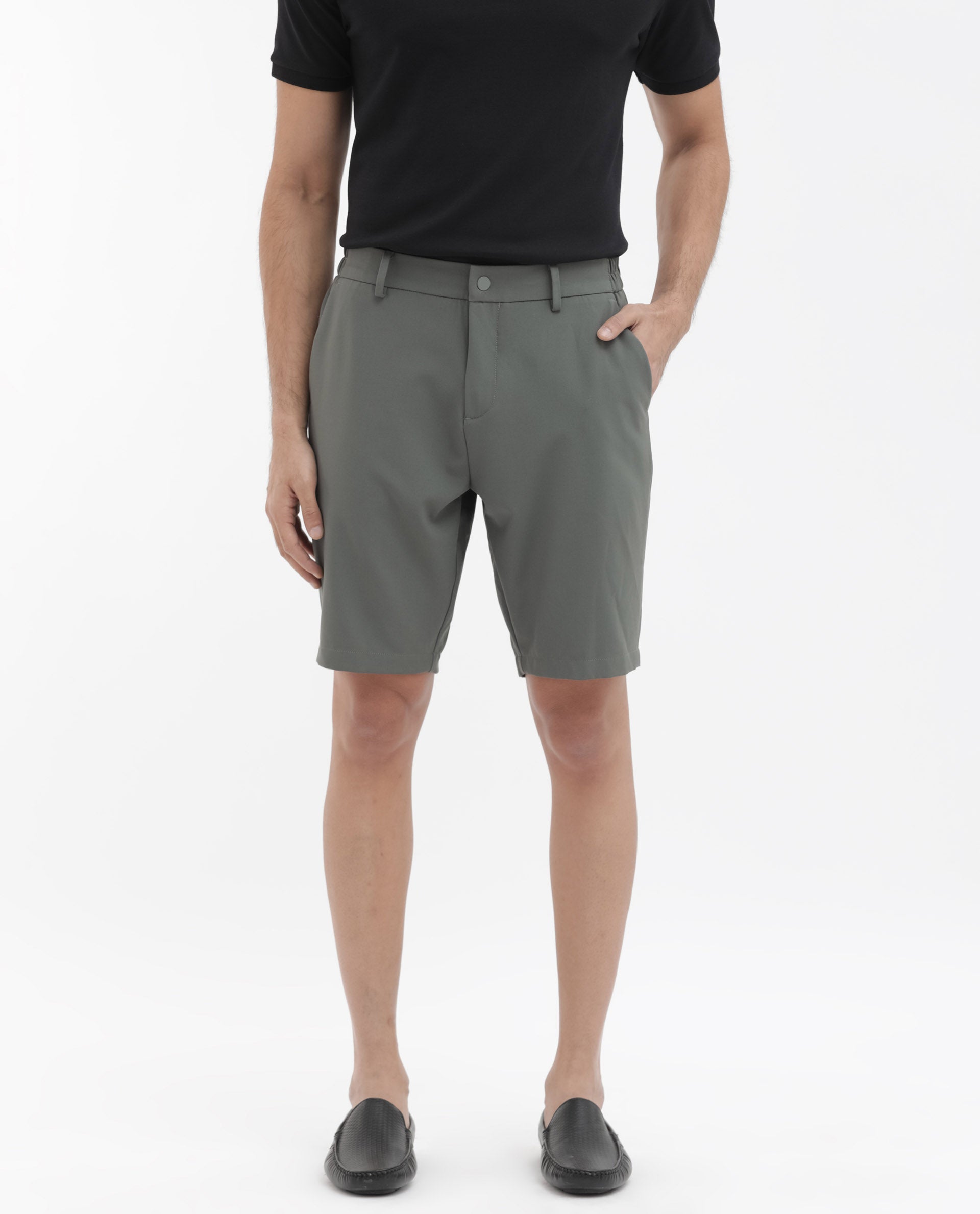 Rare Rabbit Mens Trip-1 Green Mid Rise Regular Fit Solid Shorts