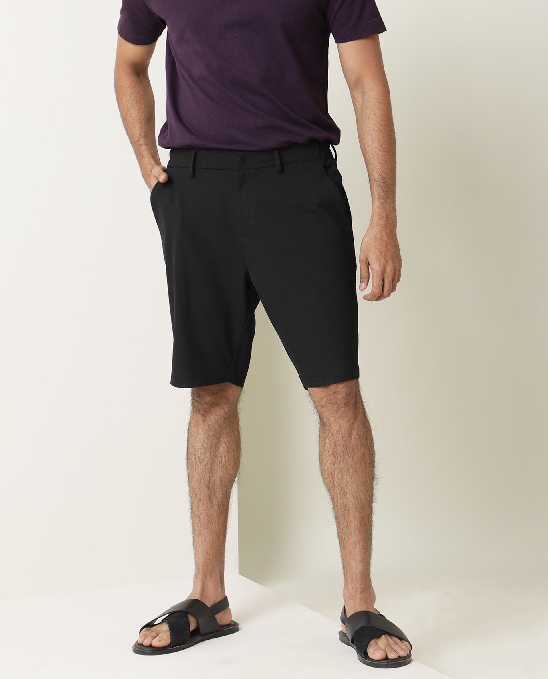 Rare Rabbit Mens Trip Black Mid Rise Regular Fit Solid Shorts