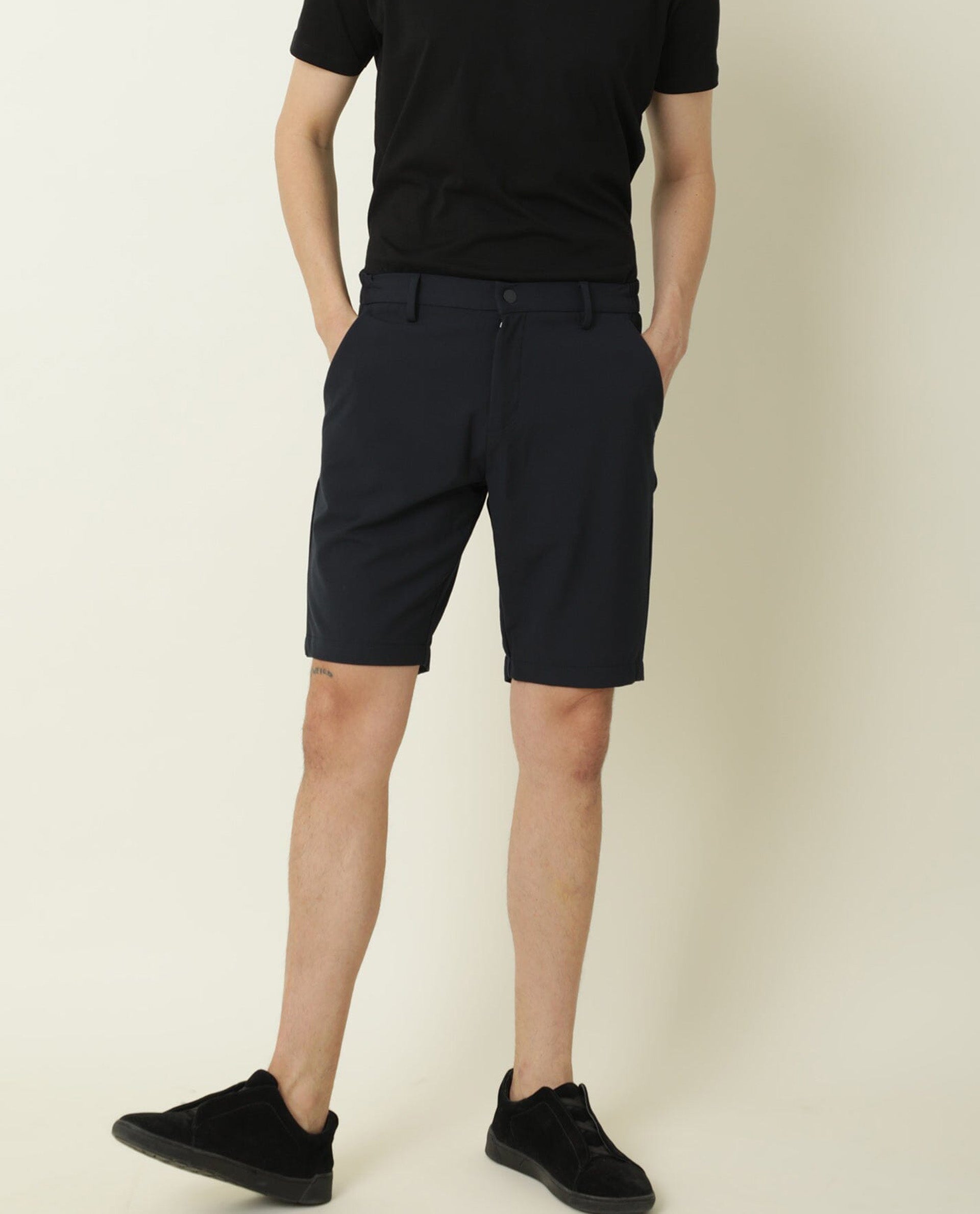 Rare Rabbit Mens Trip Navy Mid Rise Regular Fit Solid Shorts