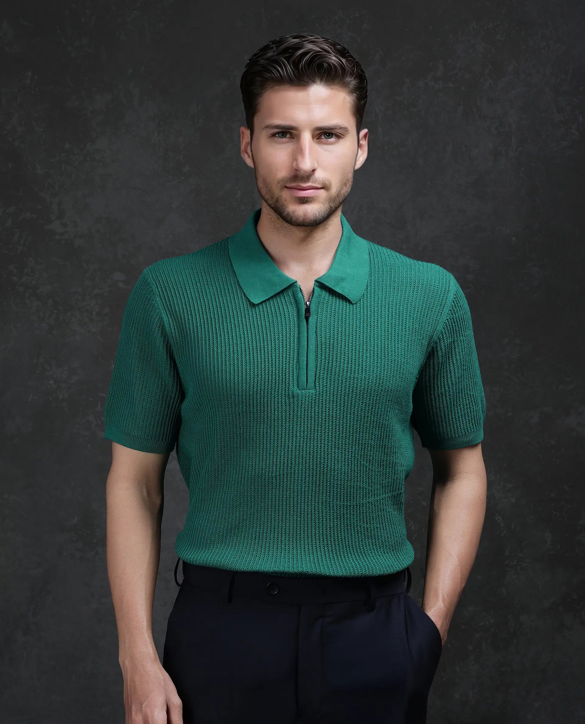 Rare Rabbit Men's Tris Green Cotton Plain Regular Fit Half Sleeve Polo
