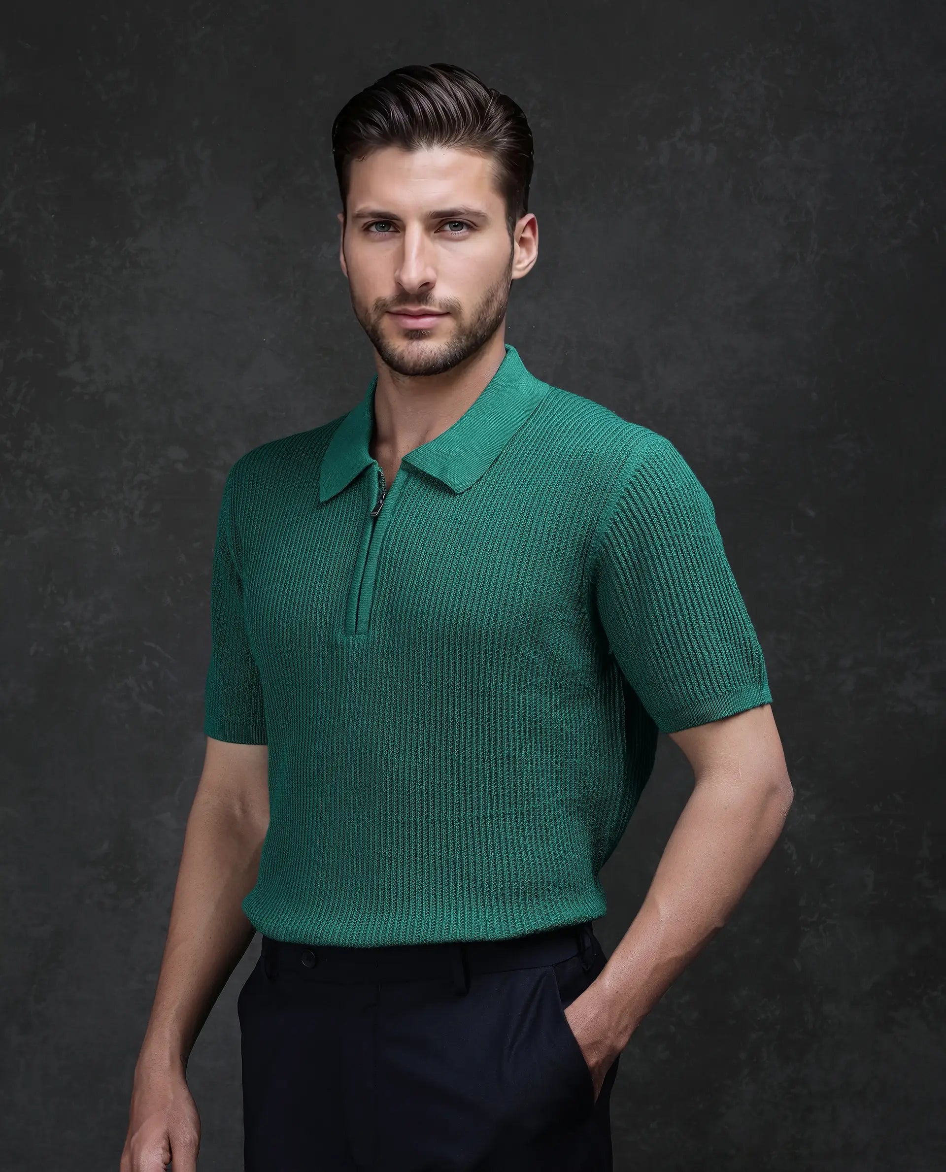 Rare Rabbit Men's Tris Green Cotton Plain Regular Fit Half Sleeve Polo