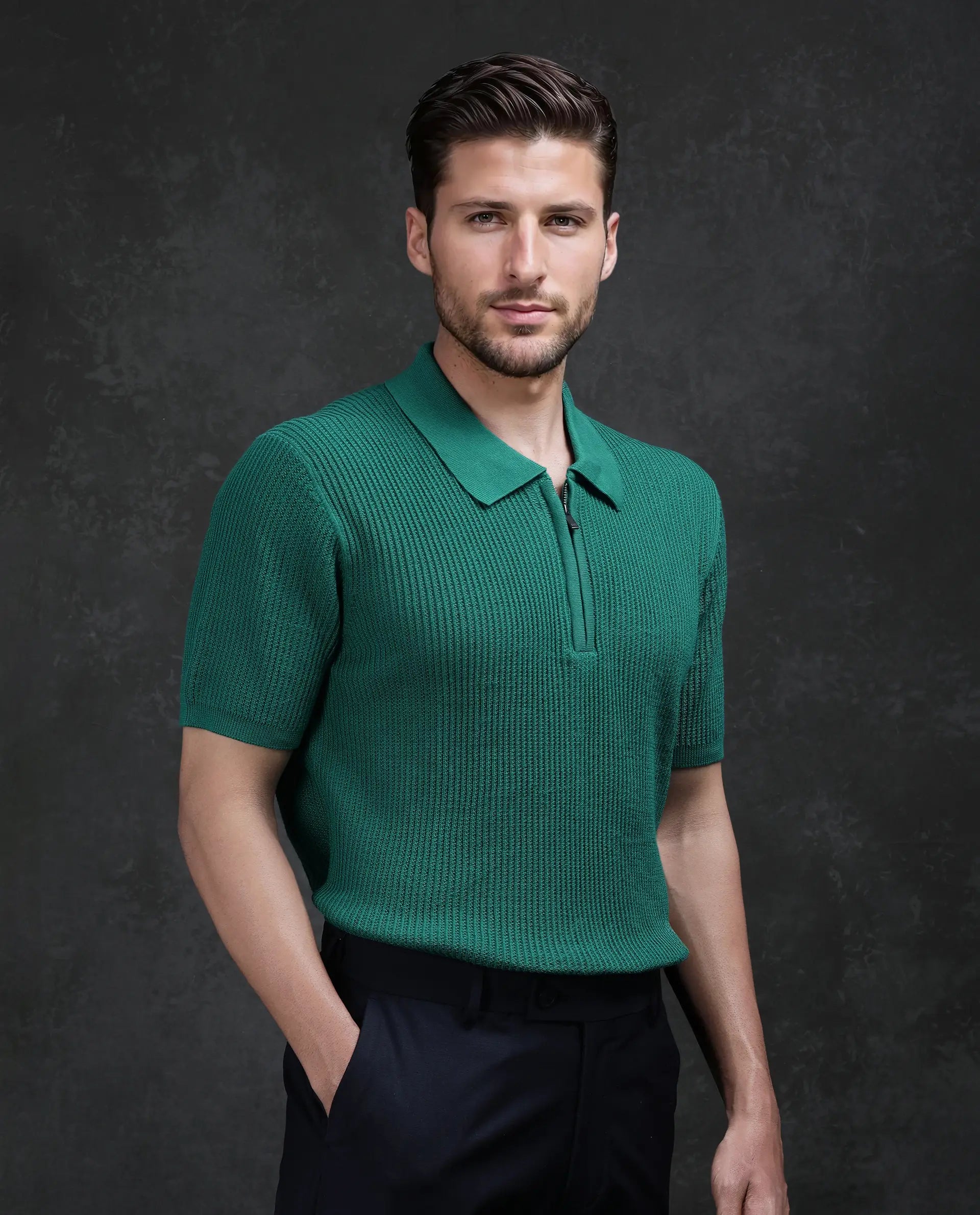 Rare Rabbit Men's Tris Green Cotton Plain Regular Fit Half Sleeve Polo