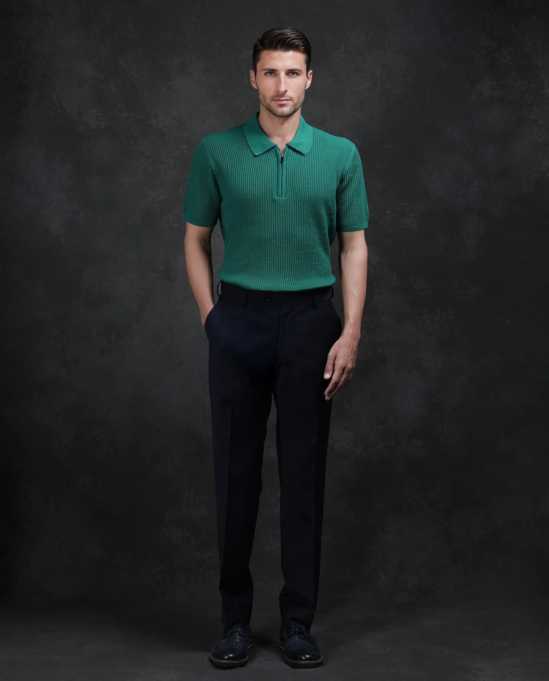 Rare Rabbit Men's Tris Green Cotton Plain Regular Fit Half Sleeve Polo