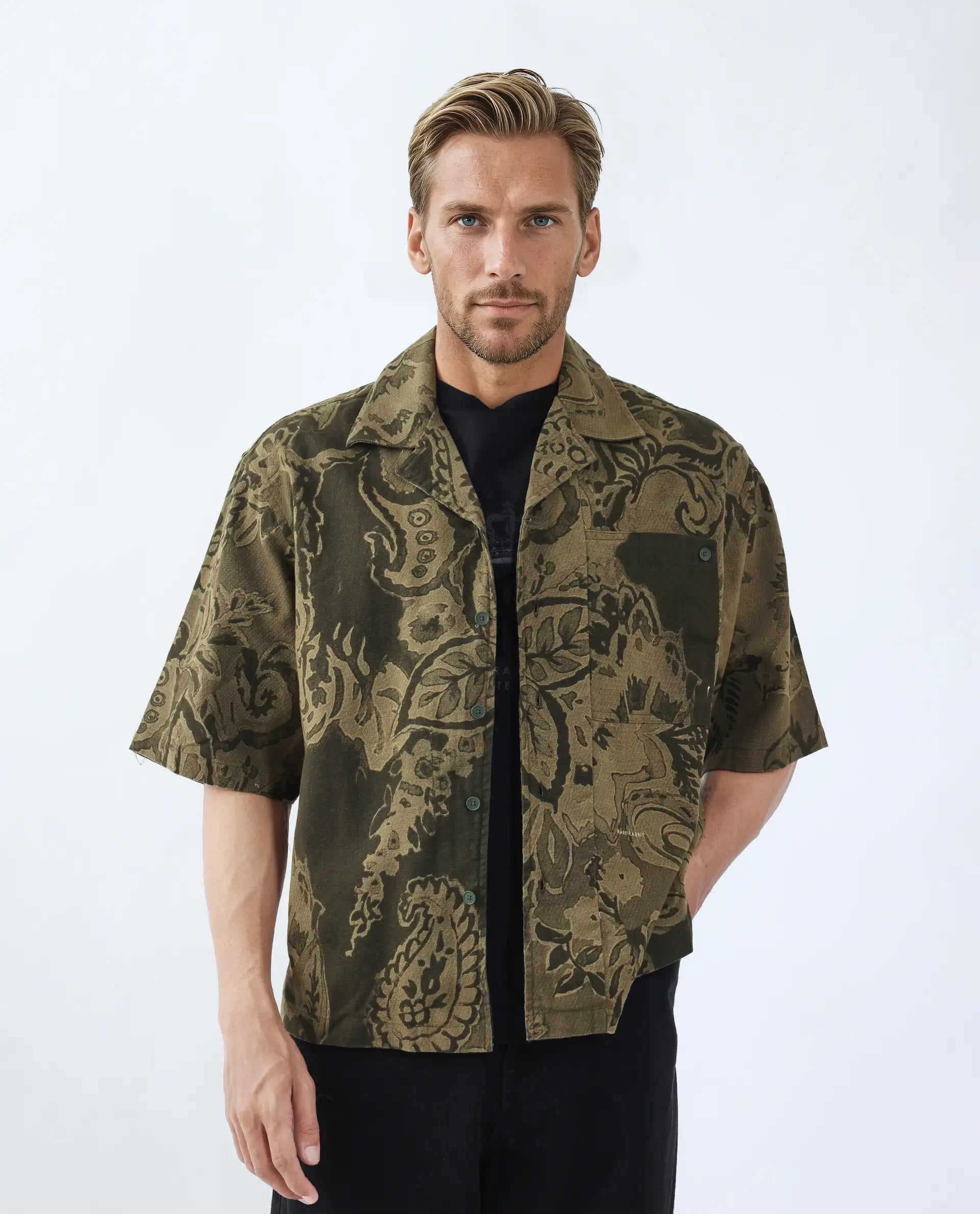 Rare Rabbit Men's Trish Olive Cotton Paisley Print Boxy Fit Half Sleeve Collared Shirt