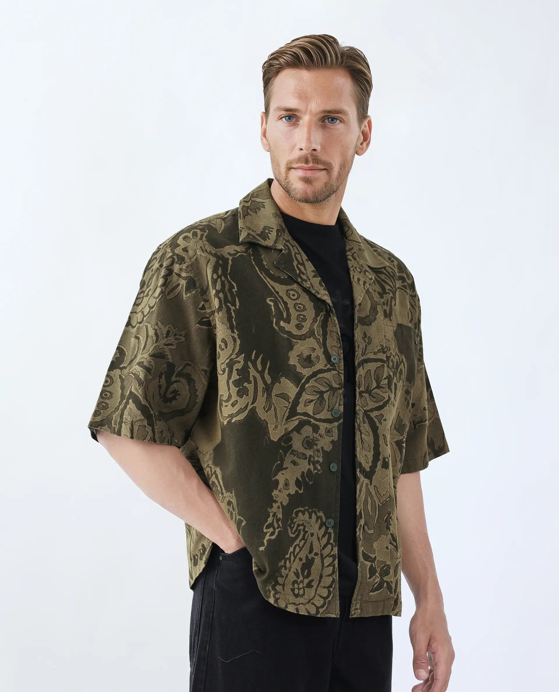 Rare Rabbit Men's Trish Olive Cotton Paisley Print Boxy Fit Half Sleeve Collared Shirt
